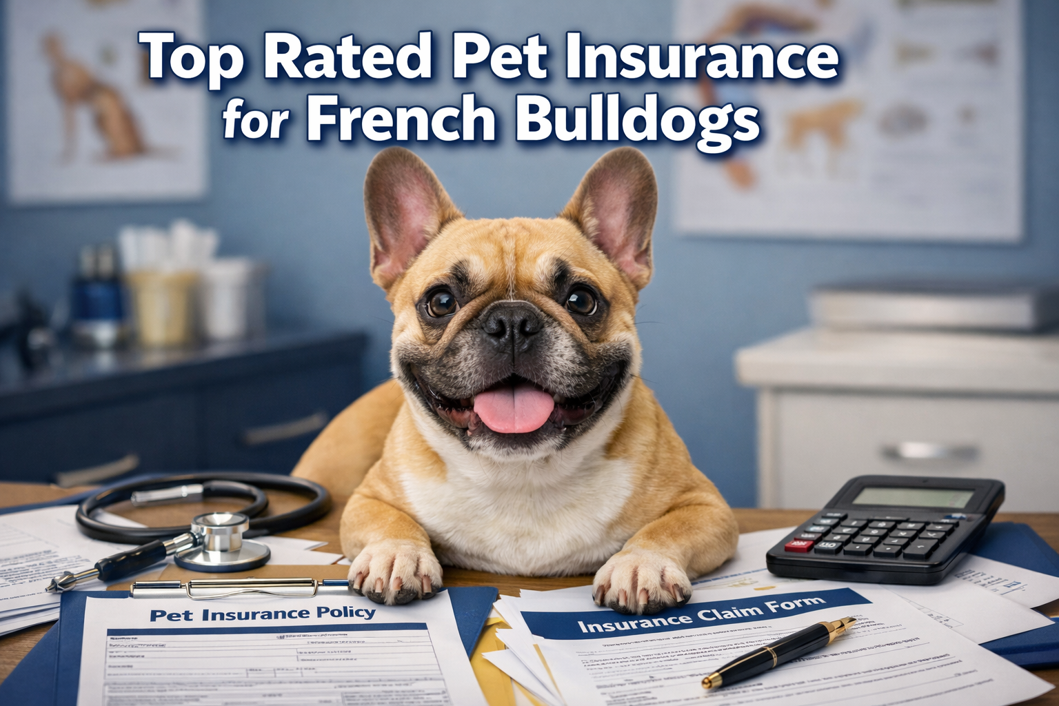 Professional landscape format (1536x1024) hero image featuring adorable French Bulldog with insurance documents and policy papers spread aro