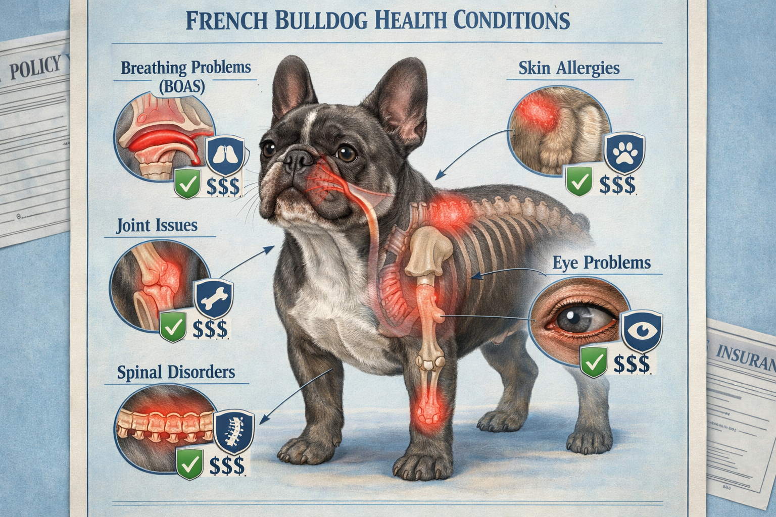 Portrait format (1024x1536) detailed illustration of French Bulldog health conditions coverage, showing anatomical diagram with highlighted 
