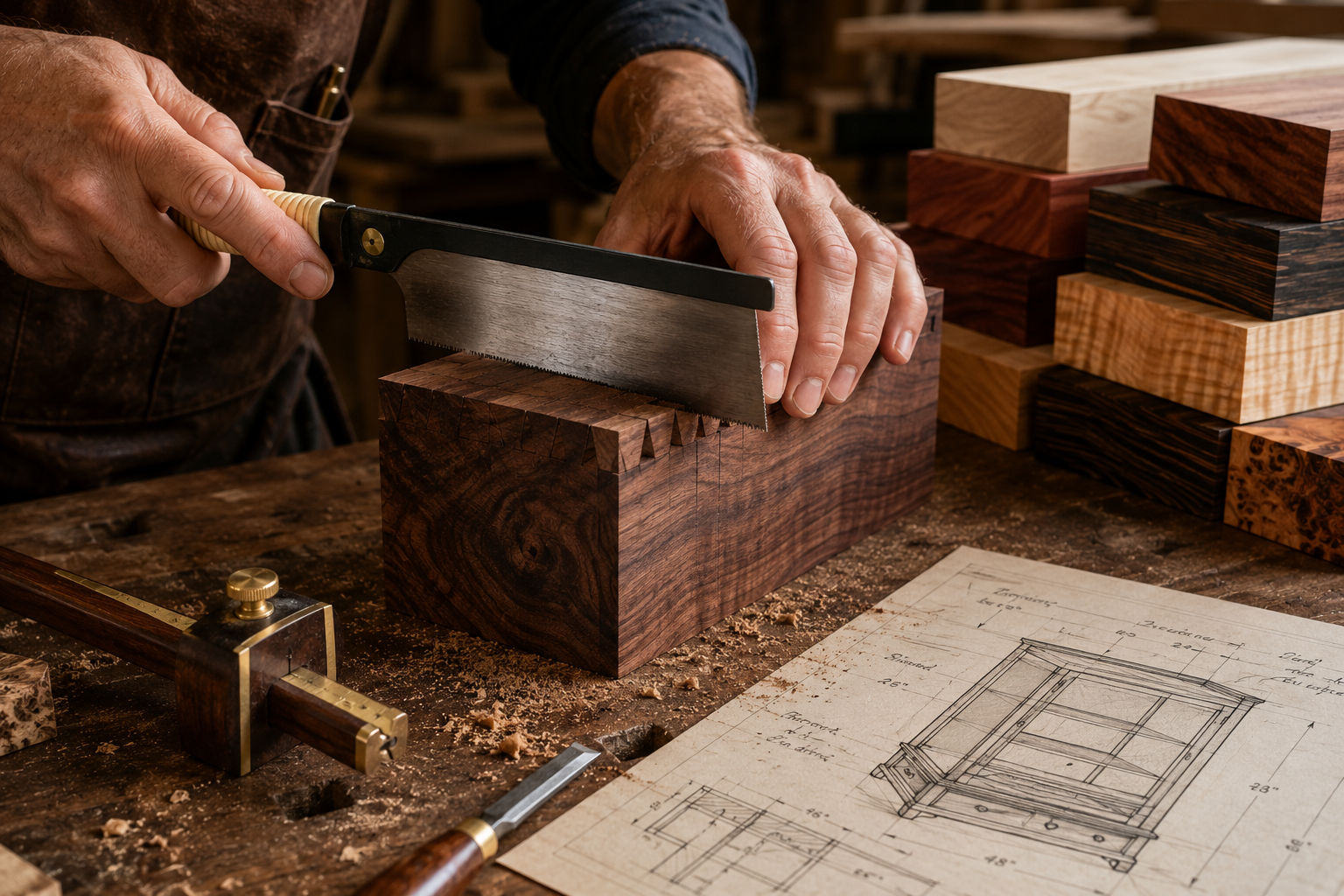 Detailed () image showing a close-up of a woodworker's hands meticulously cutting a dovetail joint on a piece of