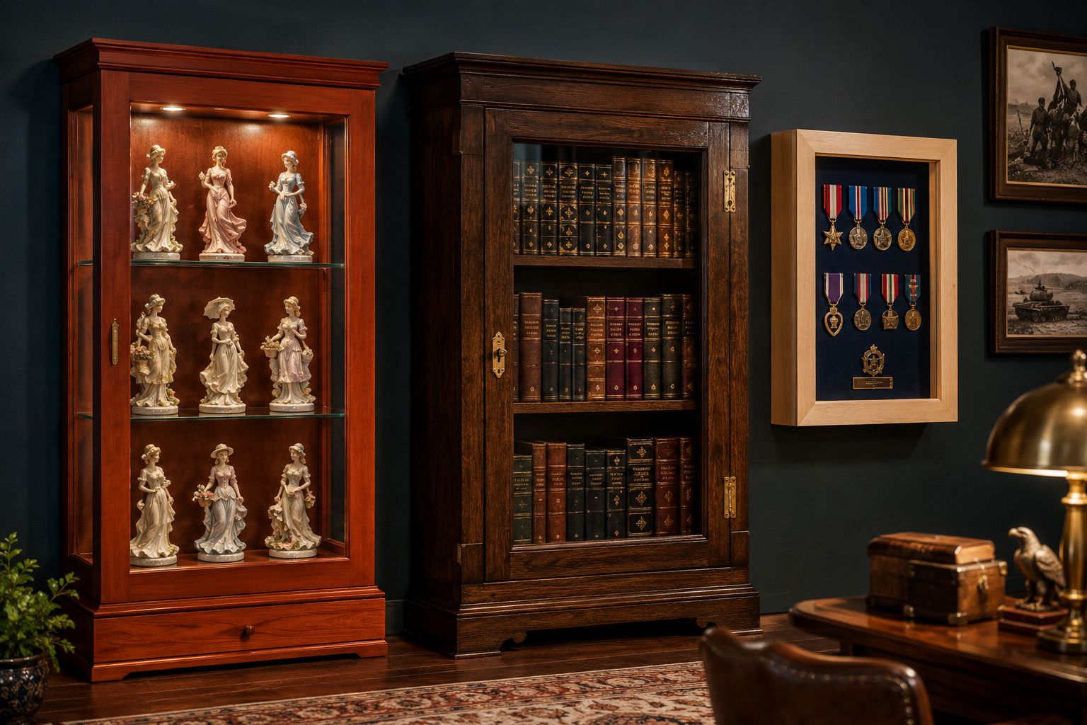 () image showcasing three distinct types of finished custom wooden display cases in a collector's room. One case, crafted