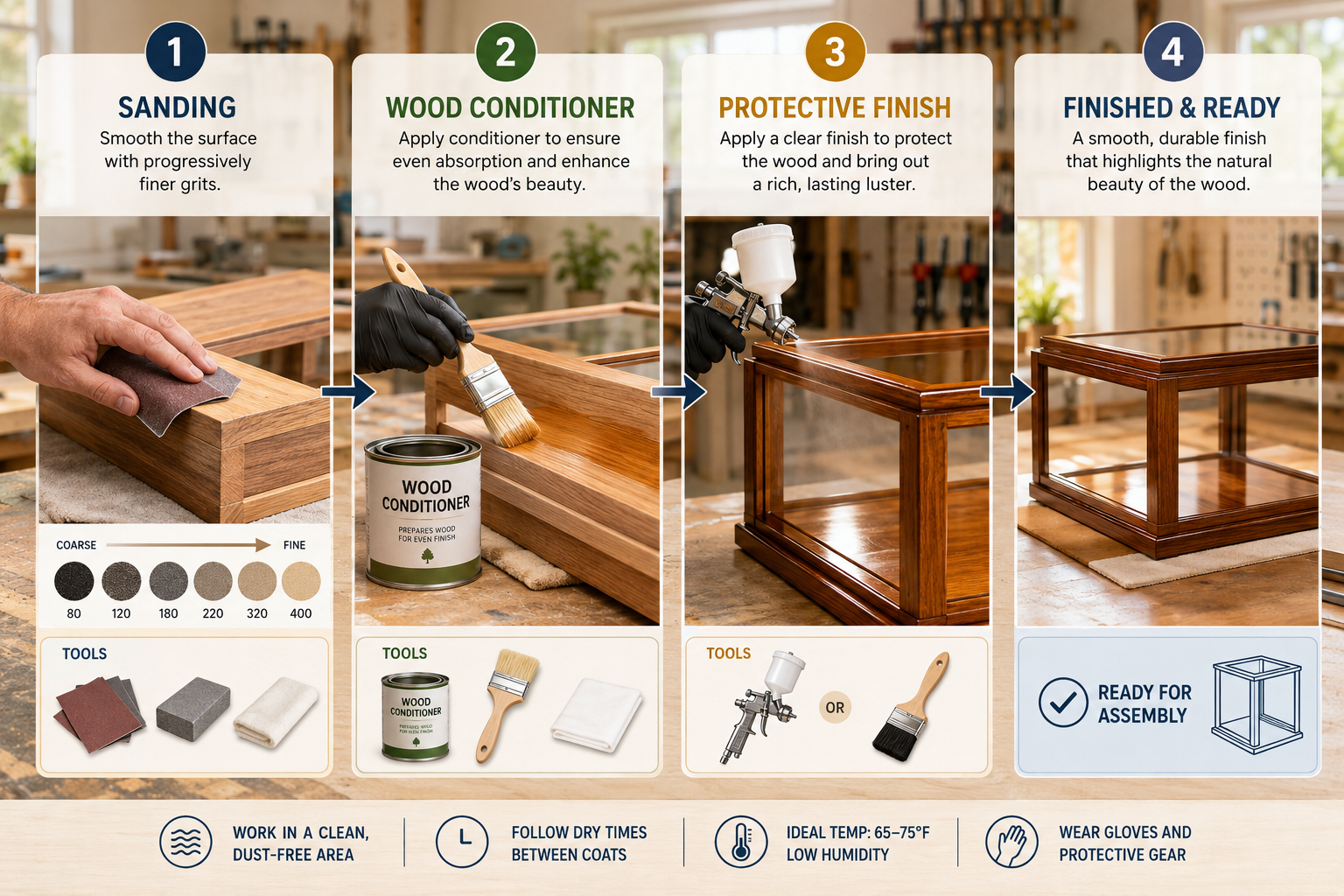 () image illustrating a step-by-step process diagram for finishing a wooden display case. The image shows four panels: 1)