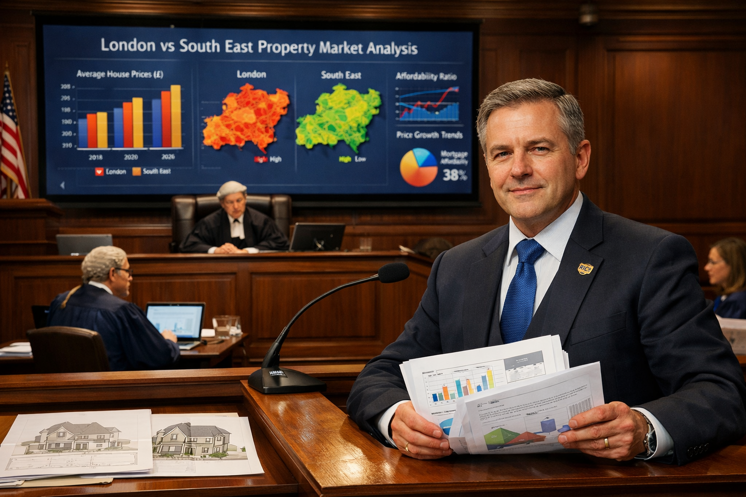 () detailed courtroom scene showing expert witness stand in foreground with professional chartered surveyor in formal