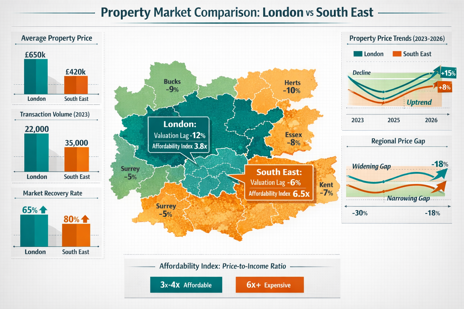 () detailed infographic-style visualization showing regional property market comparison between London and South East