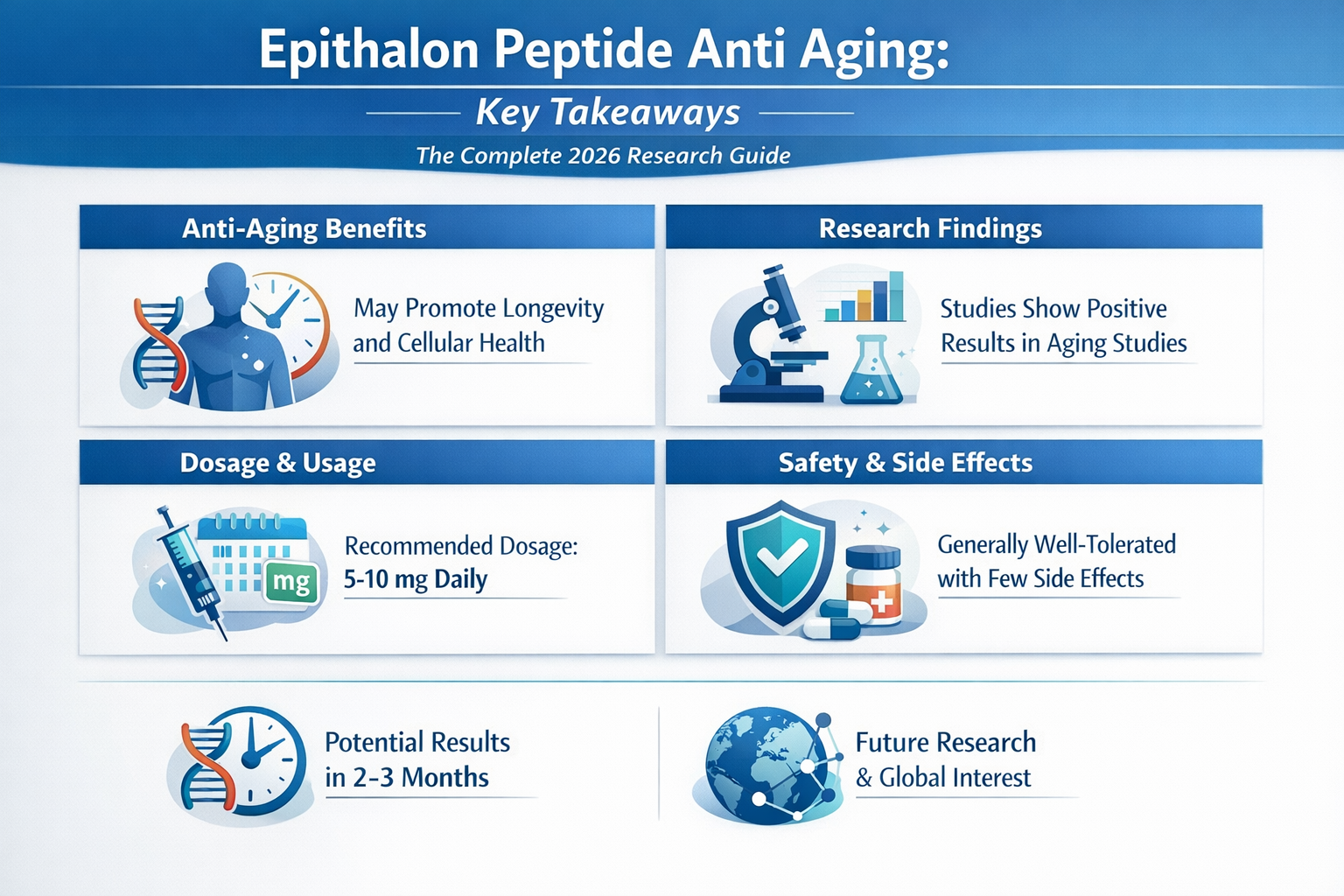 Professional infographic for article "Epithalon Peptide Anti Aging: The Complete 2026 Research Guide", section: "Key Takeaways". Include rel