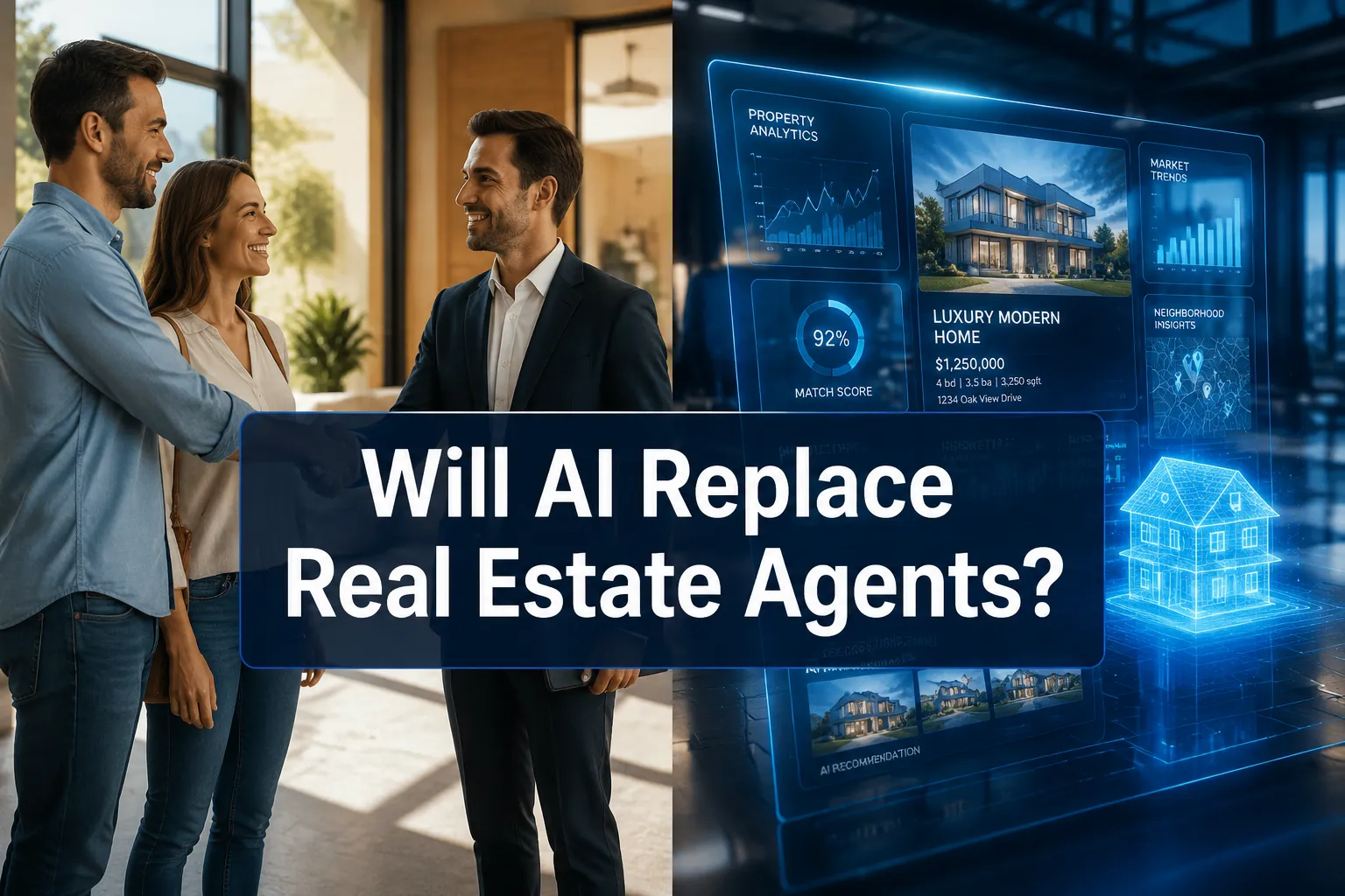 Professional () hero image with (≤42 chars): 'Will AI Replace Real Estate Agents?' in crisp white on a semi-transparent dark