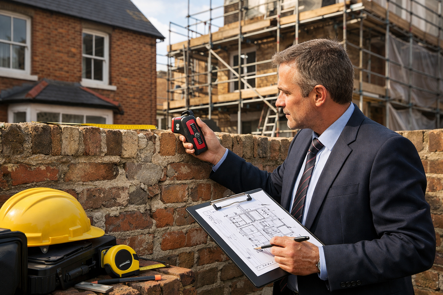 Detailed () image showing professional party wall surveyor in business attire conducting property inspection at shared