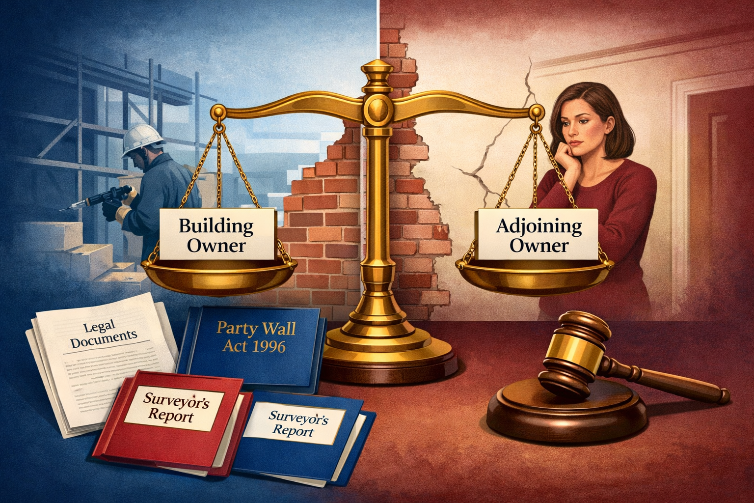 () conceptual illustration depicting the balance of duties in party wall disputes. Central image shows traditional balance
