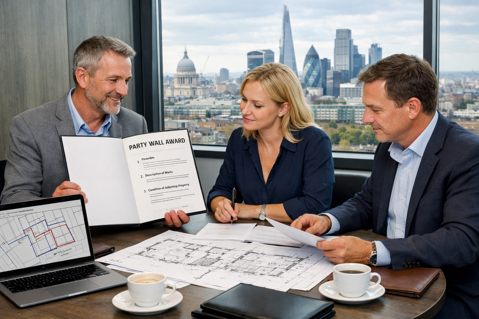 () image showing modern legal consultation scene in professional office setting. Round table meeting with three