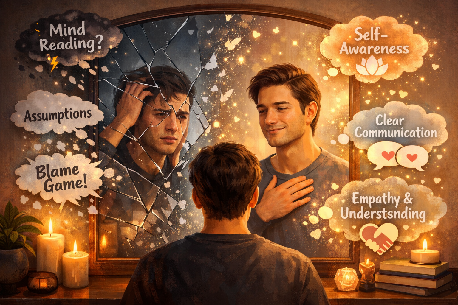 Breaking Toxic Patterns: 3 Habits to Ditch for Deeper Relationships 2 A visually compelling illustration (1536x1024) depicting a fractured mirror reflecting a person with a stressed expression, gradually mendin