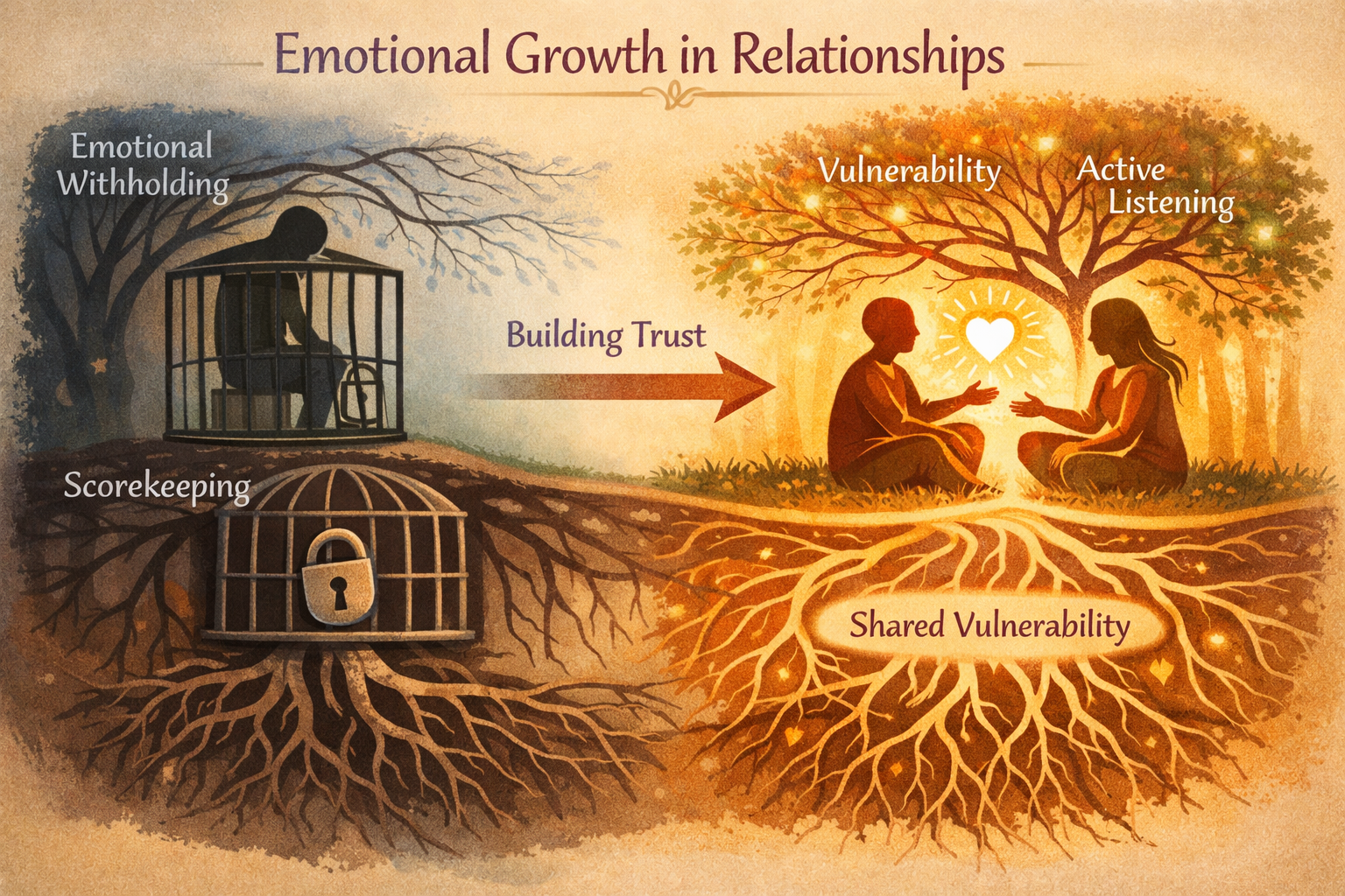 Breaking Toxic Patterns: 3 Habits to Ditch for Deeper Relationships 3 An infographic-style illustration (1536x1024) showing two stylized figures with intertwining roots and branches, symbolizing deeper emotiona