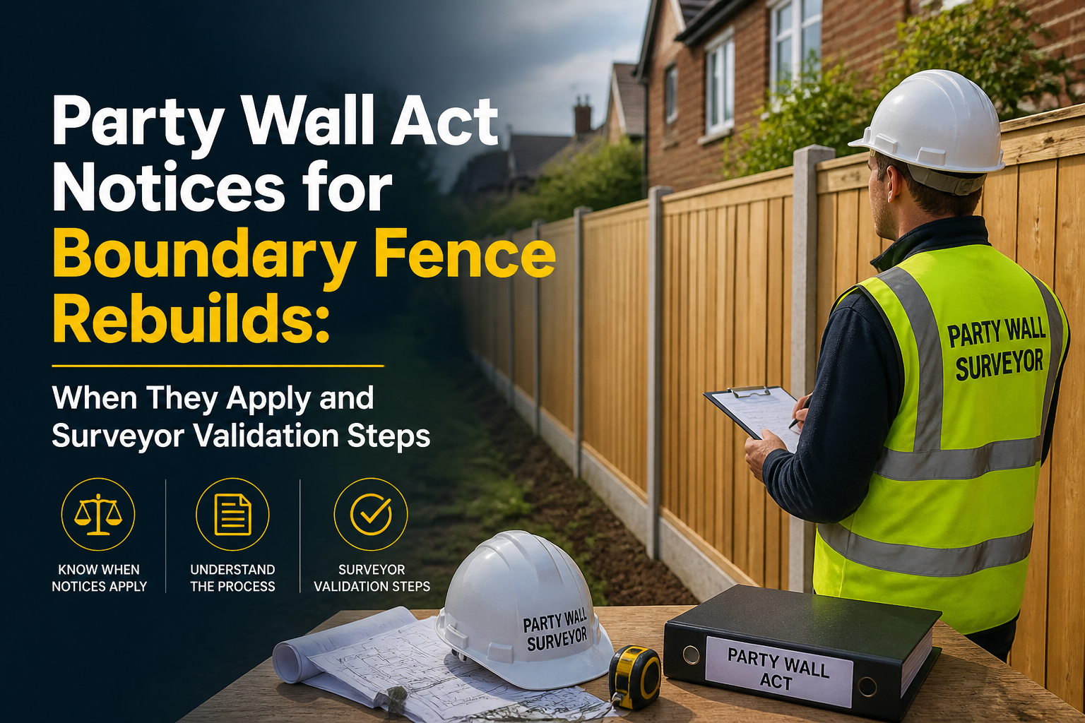 Professional landscape hero image () with : "Party Wall Act Notices for Boundary Fence Rebuilds: When They Apply and