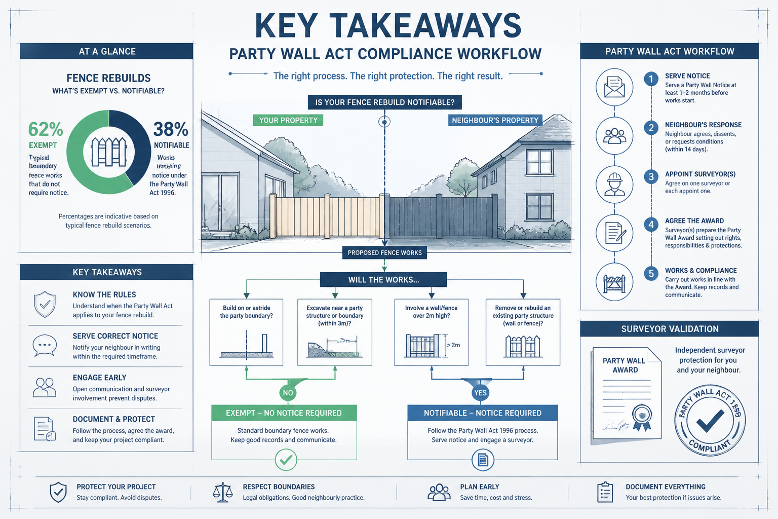 Infographic-style visual for 'Key Takeaways' section depicting Party Wall Act compliance workflow. Central graphic shows a