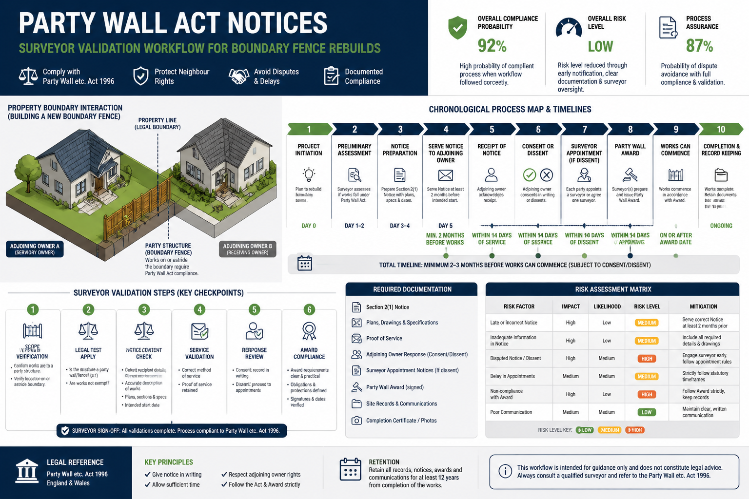 Comprehensive visual workflow diagram for Party Wall Act Notices, illustrating surveyor validation steps for boundary fence