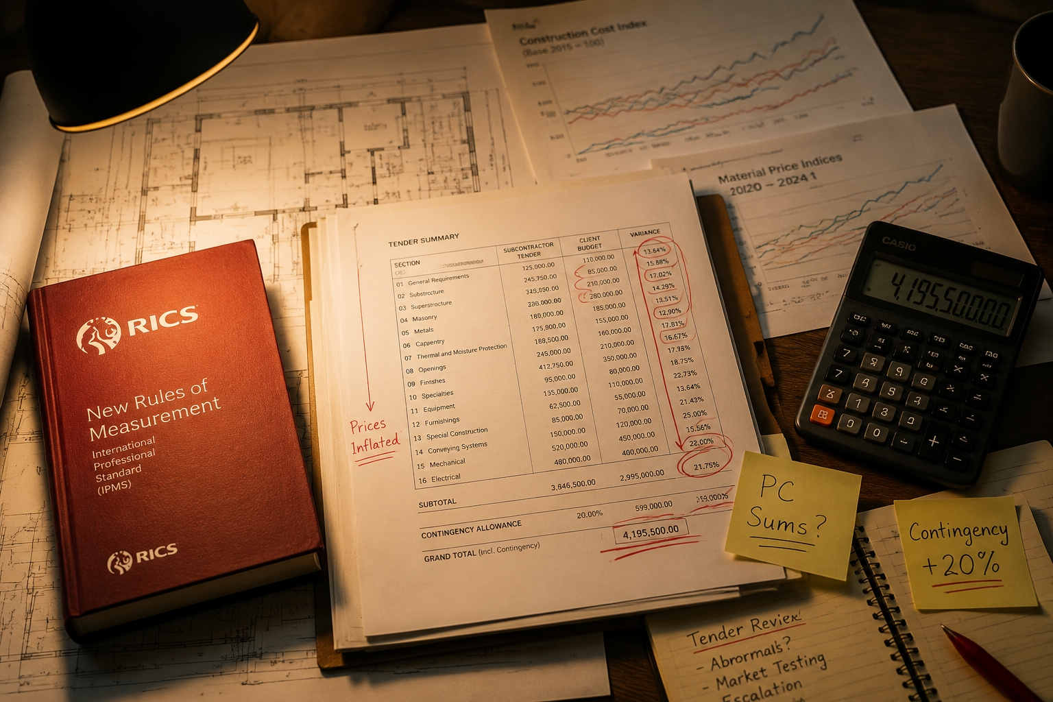Close-up overhead aerial view of a surveyor's desk with spread blueprints, a RICS red book, printed tender price documents
