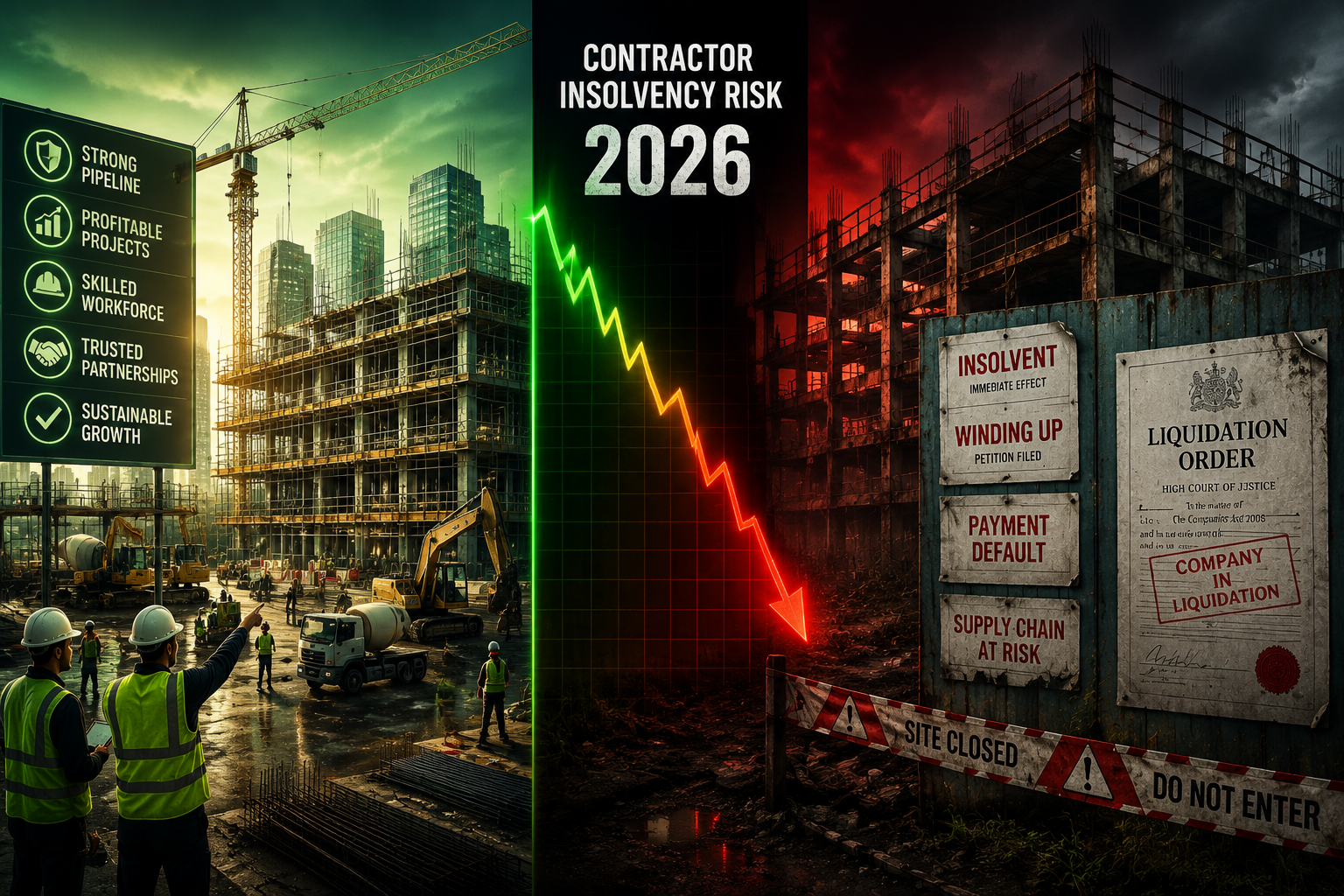Dramatic split-composition infographic-style illustration showing left side: a thriving construction site with workers and