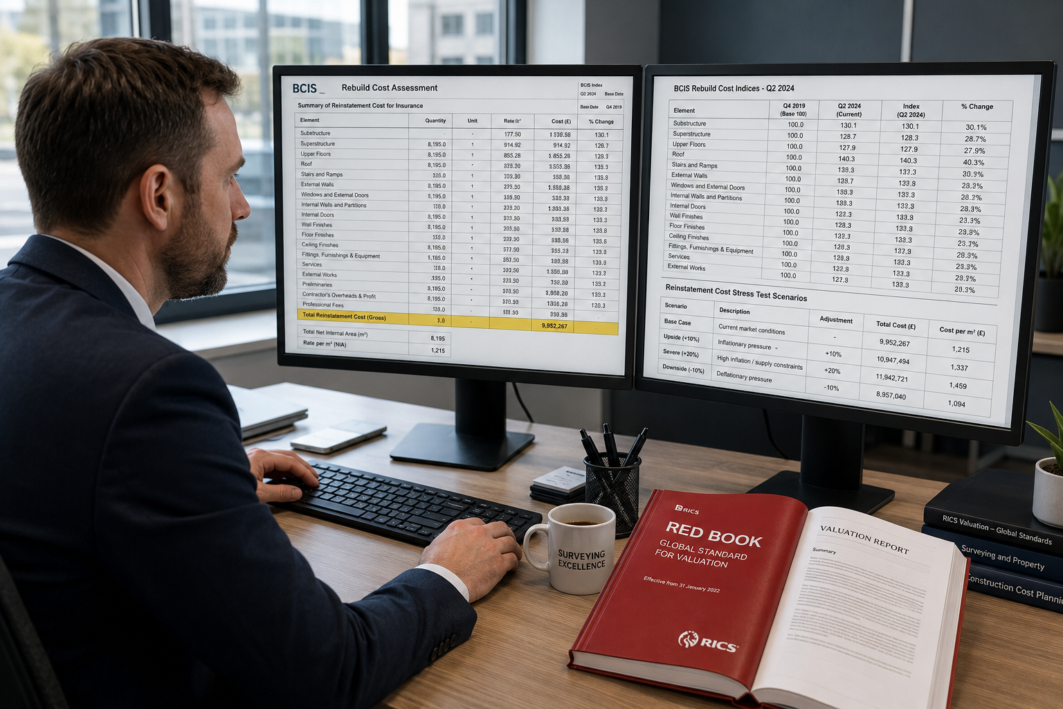 Wide-angle shot of a professional RICS valuation surveyor at a modern office desk, reviewing a large reinstatement cost