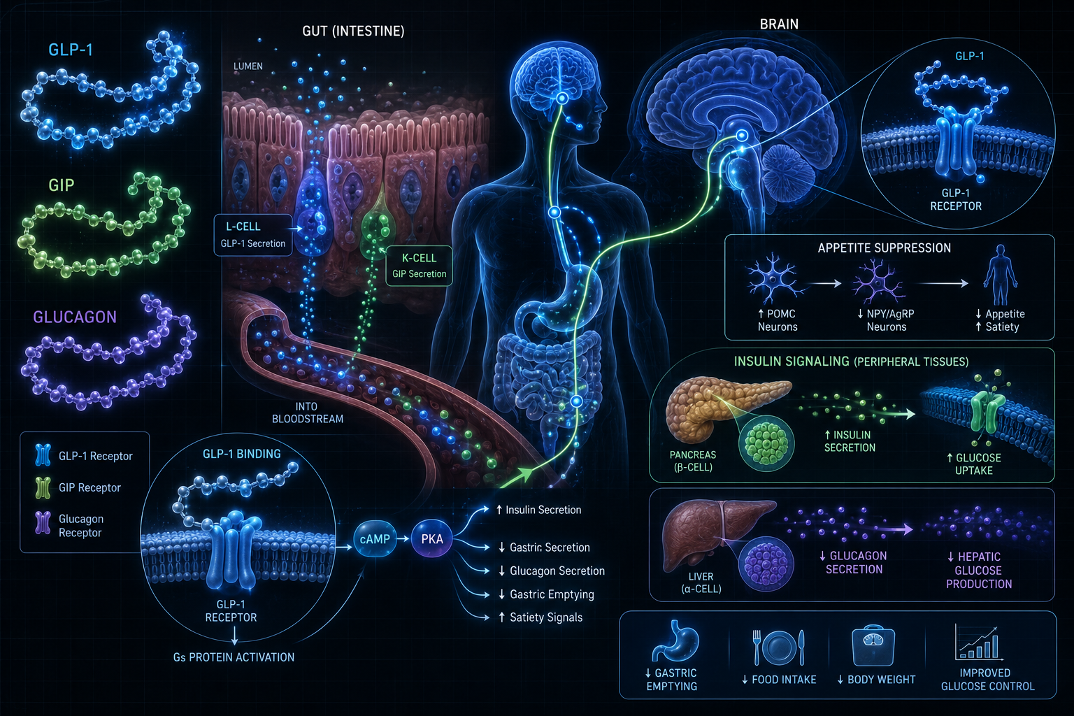 Detailed () scientific infographic illustration showing a cross-section diagram of GLP-1 receptor activation in the gut and