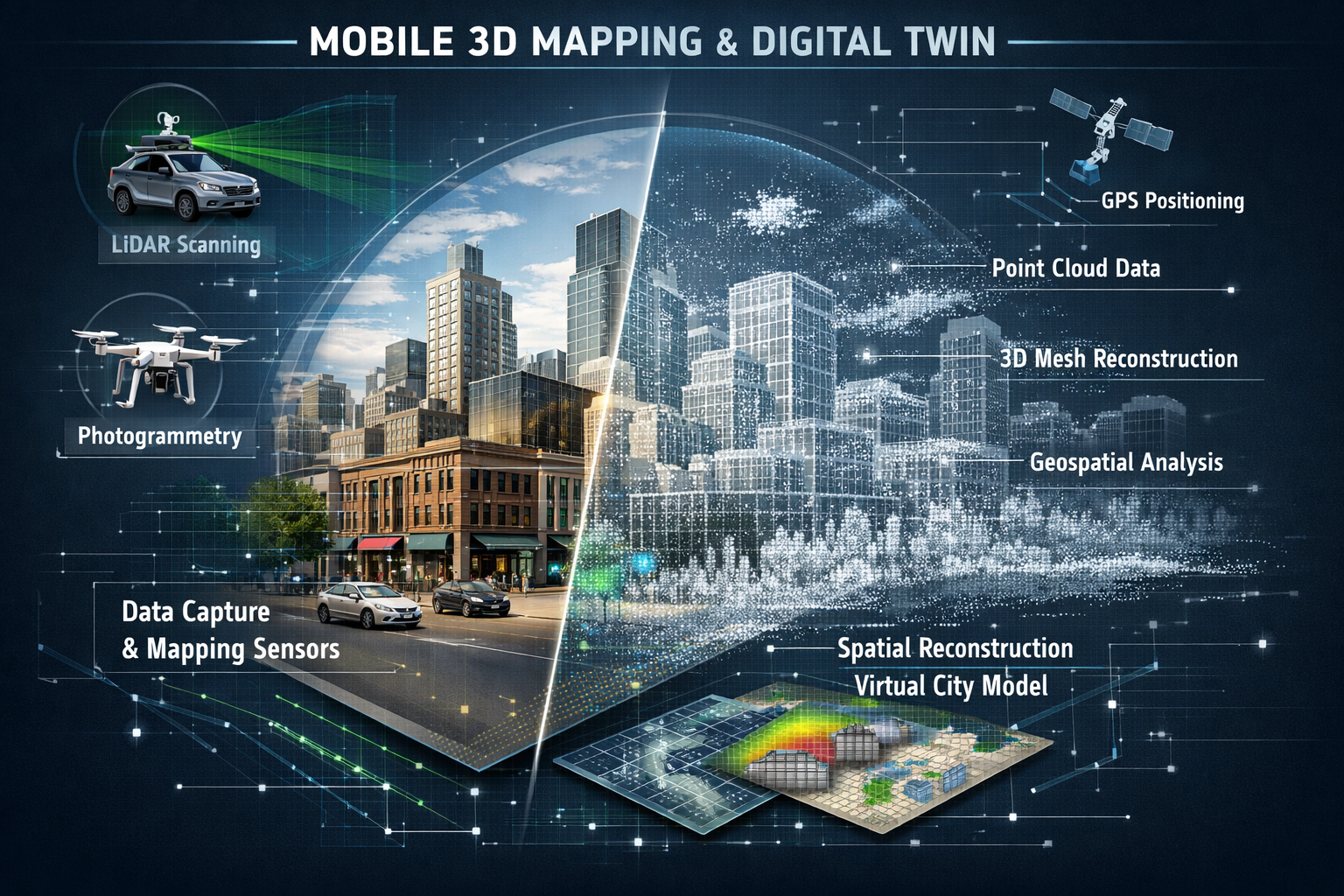 Conceptual illustration explaining digital twin technology in mobile 3D mapping, displaying side-by-side comparison of physical urban enviro