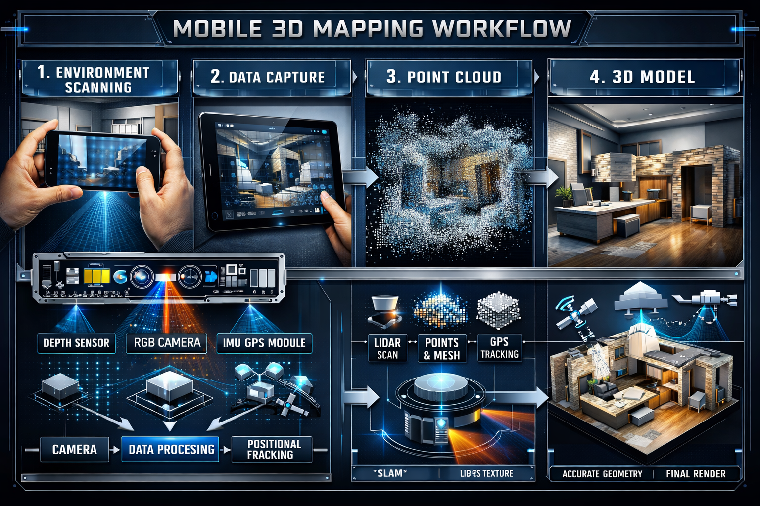 Technical visualization demonstrating mobile 3D mapping workflow, showing progression from handheld device capture to complete digital model