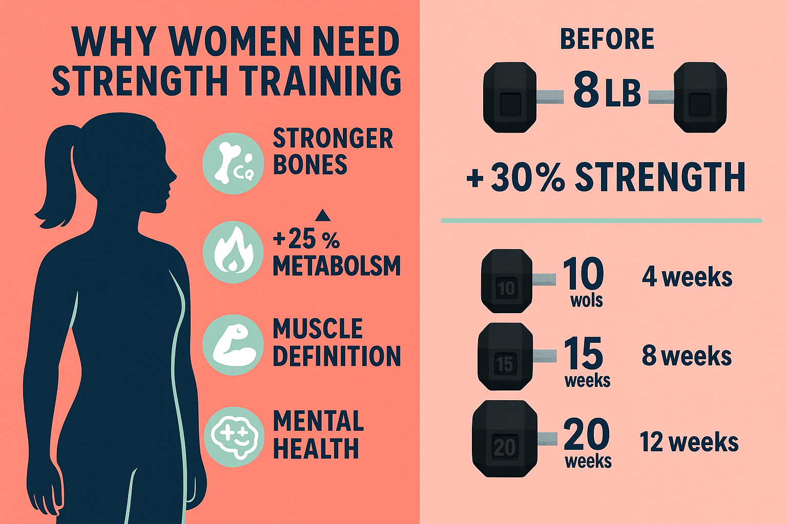 Detailed landscape infographic (1536x1024) showing 'Why Women Need Strength Training' with split-panel design. Left panel displays illustrat