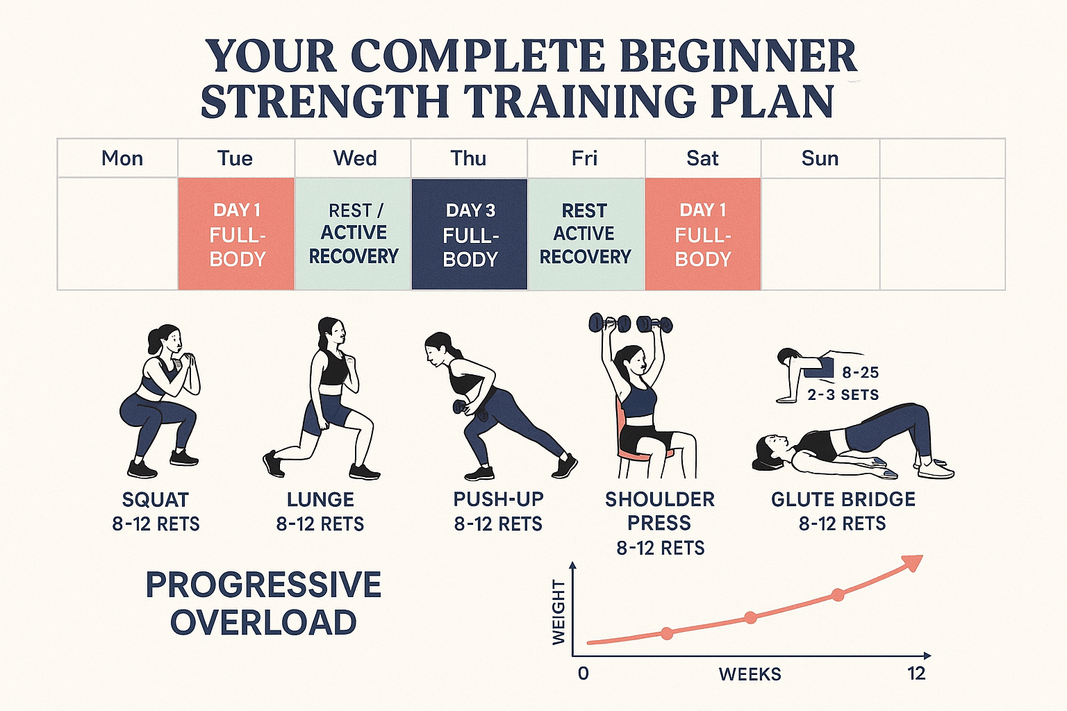 Comprehensive landscape workout plan visual (1536x1024) titled 'Your Complete Beginner Strength Training Plan' showing weekly training split
