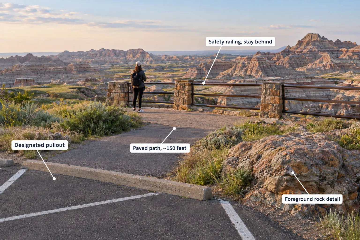 Illustrated roadside overlook showing designated parking, a paved path, and a safety railing