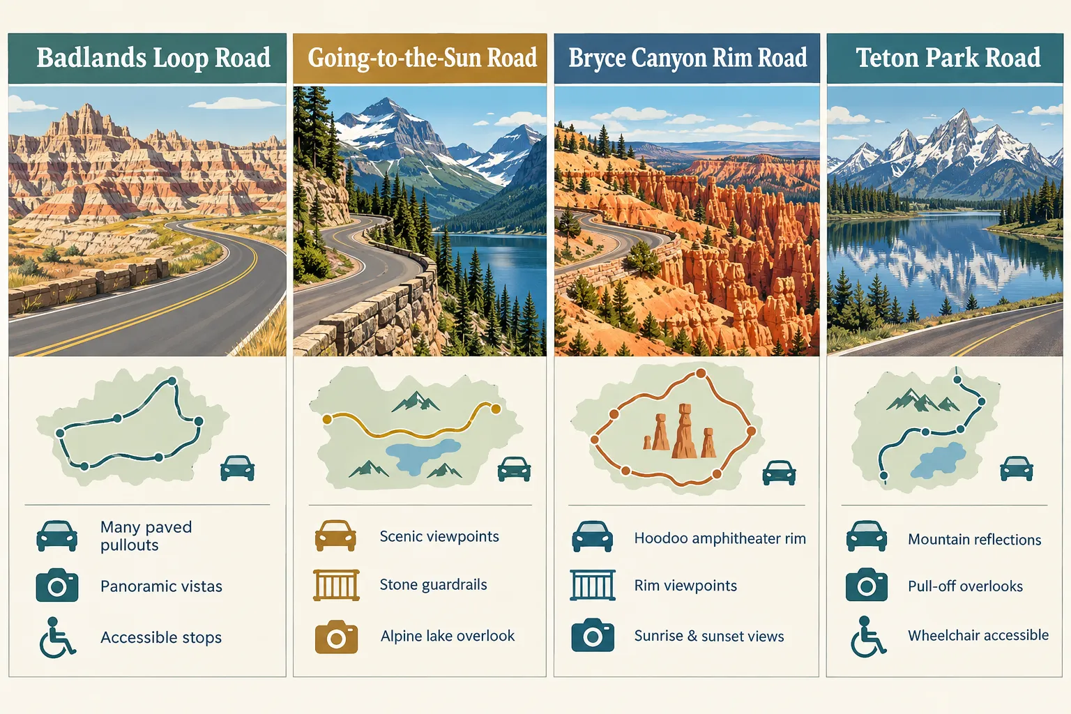 Illustrated comparison of scenic drives in Badlands, Glacier, Bryce Canyon, and Grand Teton