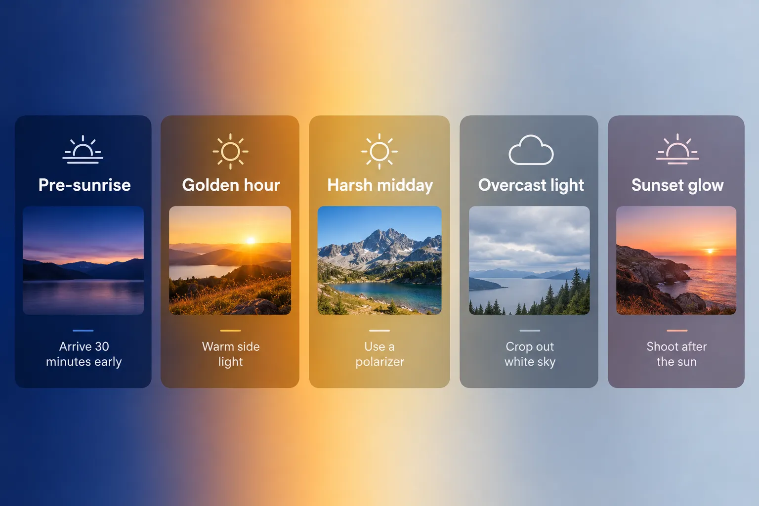 Illustrated lighting guide comparing pre-sunrise, golden hour, midday, overcast light, and sunset