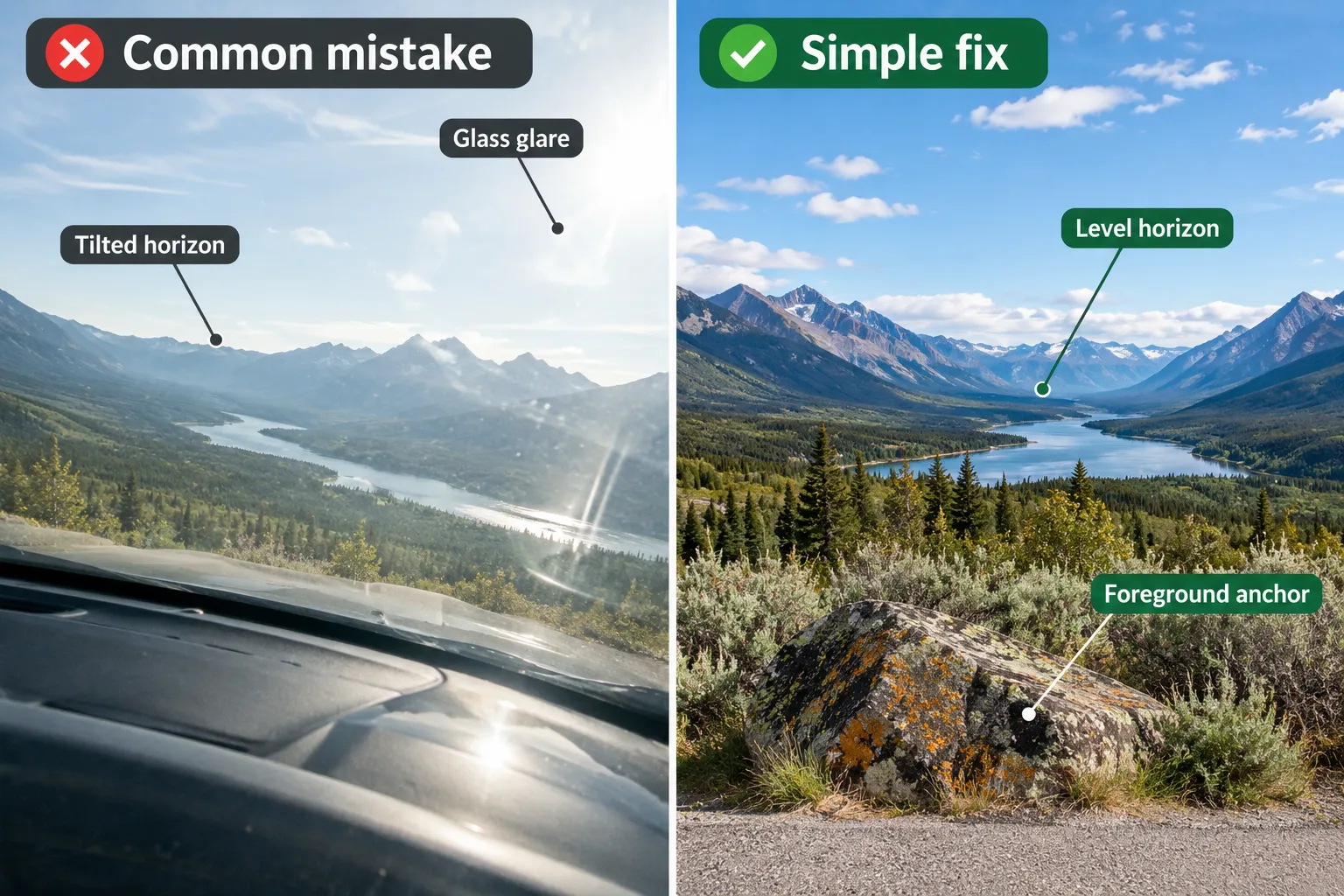 Comparison of a tilted photograph through glass and a level landscape photo with foreground detail