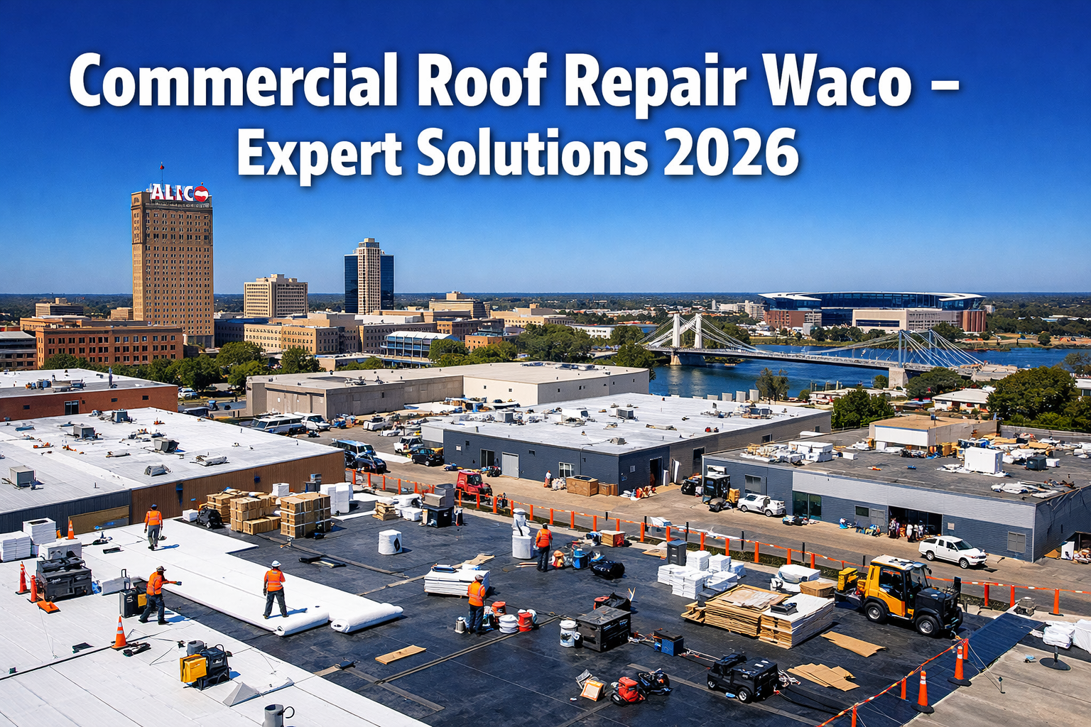 Professional landscape hero image (1536x1024) featuring bold text overlay 'Commercial Roof Repair Waco - Expert Solutions 2026' in extra lar