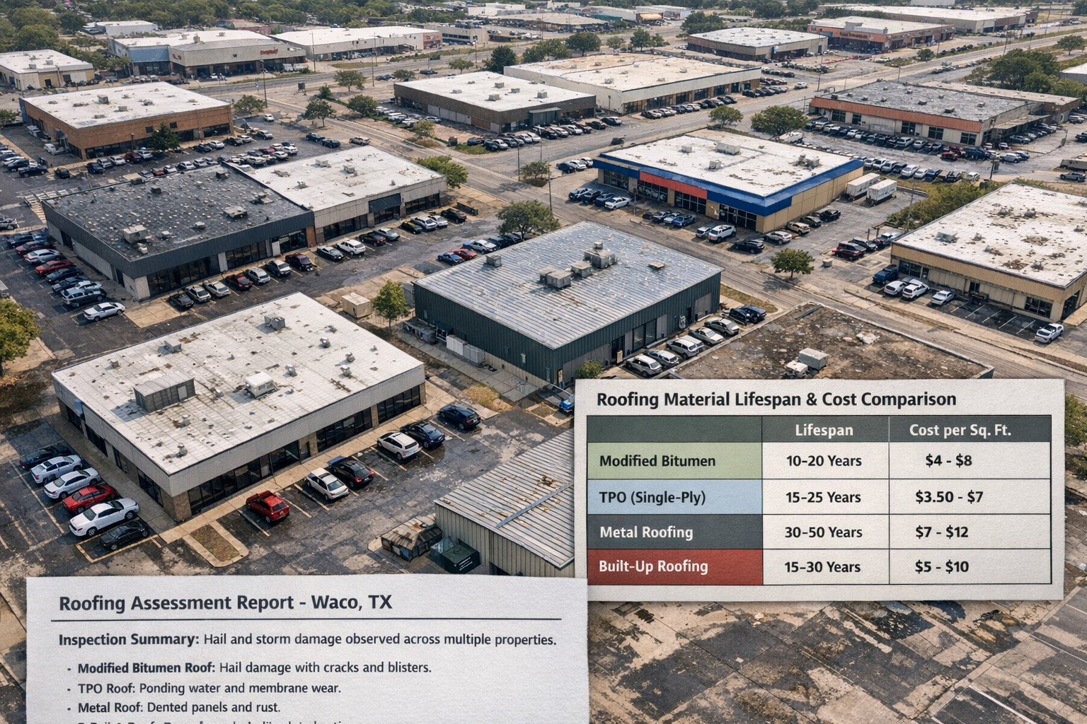 Waco Texas commercial district aerial view showing various commercial roof types including modified bitumen, single-ply TPO, metal roofing s