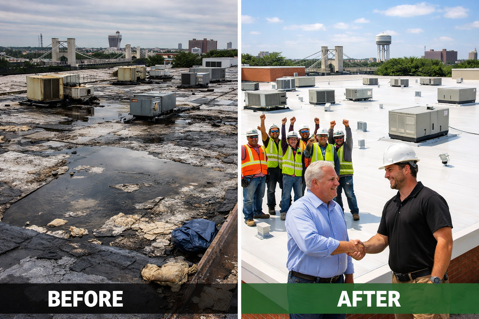 Split-screen comparison showing before and after commercial roof replacement in Waco, left side showing deteriorated roofing with leaks and 