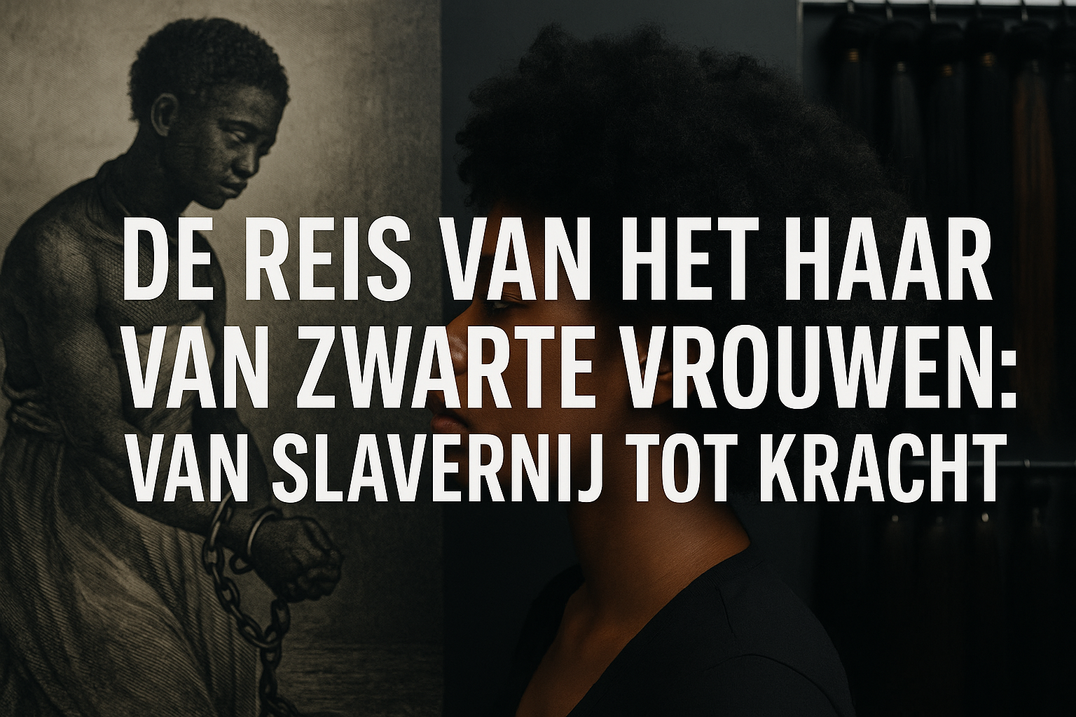 Professional landscape hero image (1536x1024) with bold text overlay: "De Reis van het Haar van Zwarte Vrouwen: Van Slavernij tot Kracht". M