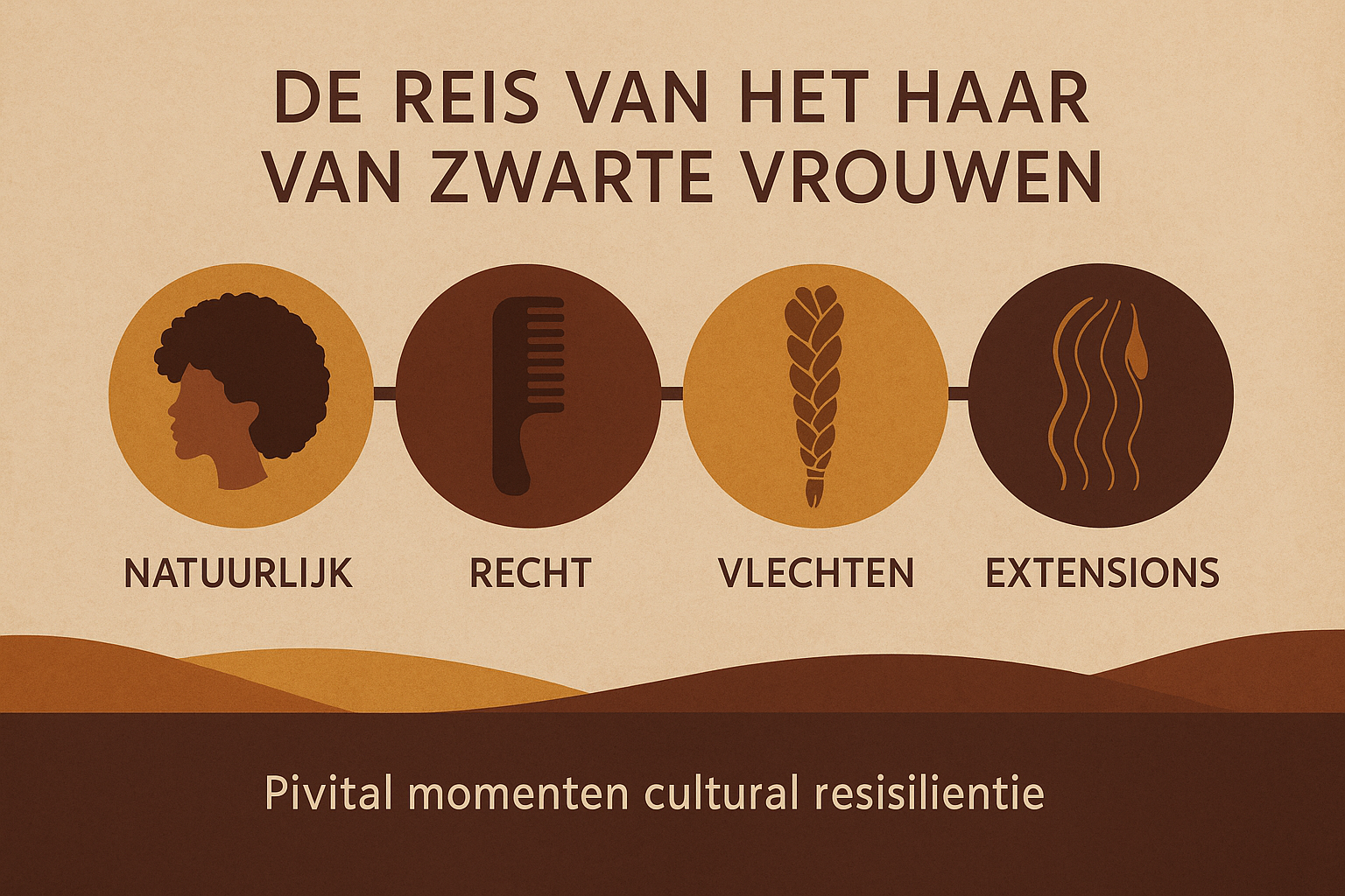 Elegant infographic visualization of 'De Reis van het Haar van Zwarte Vrouwen' key insights, featuring a stylized timeline with interconnect