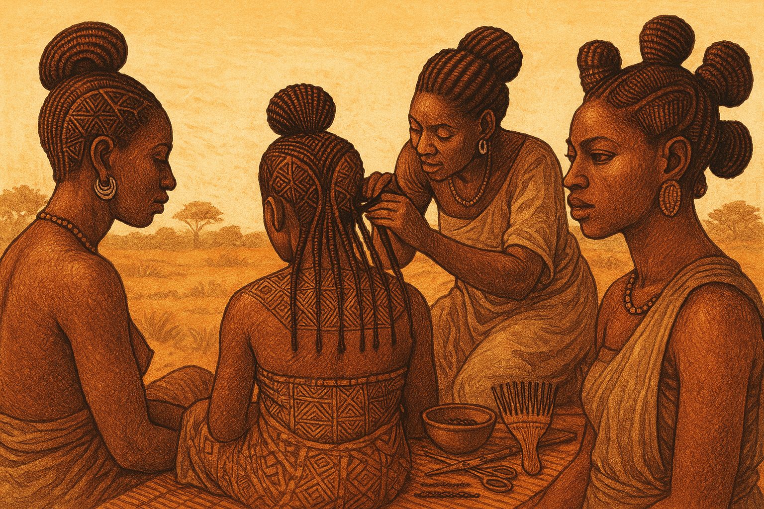 Historical ethnographic illustration depicting traditional African hair styling practices before colonization, showcasing intricate braiding