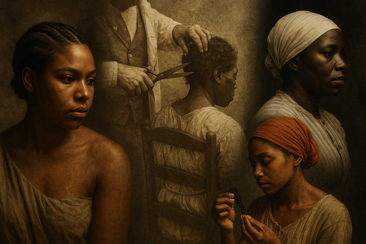 Powerful documentary-style photomontage representing Black women's hair journey during slavery, combining archival imagery and artistic reco
