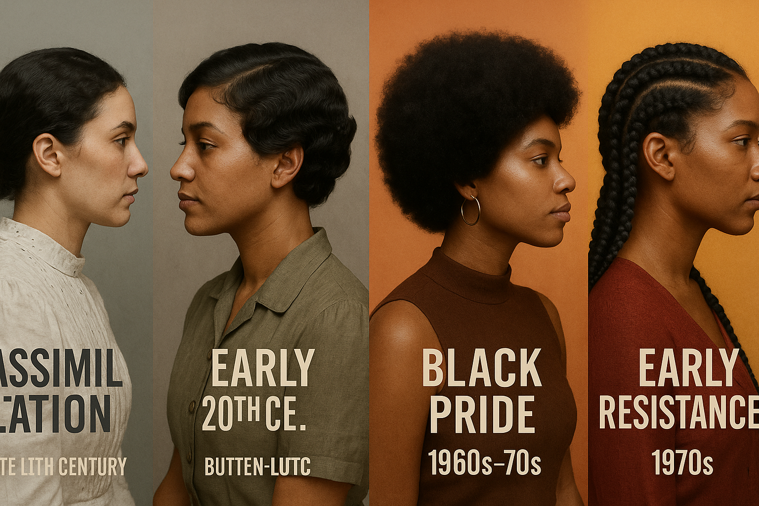 Transitional cultural portrait series showing Black women's hair evolution post-slavery, featuring side-by-side comparisons of hairstyles fr