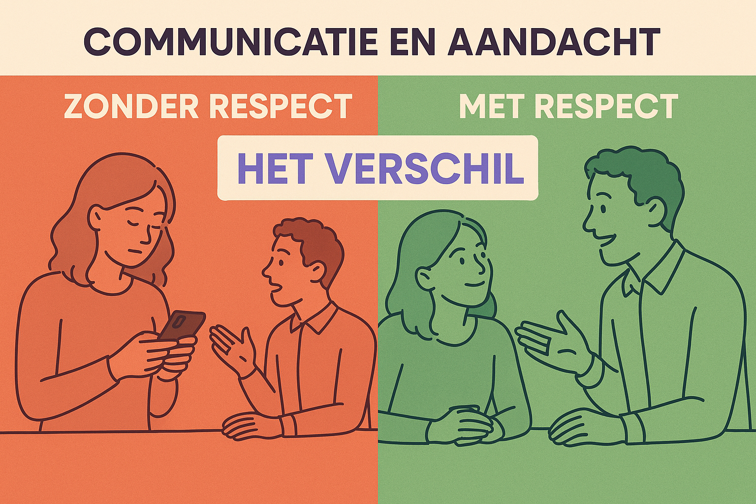 Professional landscape infographic (1536x1024) for section "Communicatie en Aandacht". Type: Visual concept illustration. Split into two con