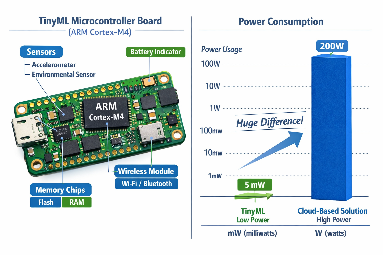 () detailed technical illustration showing TinyML microcontroller board (ARM Cortex-M4) with labeled components including