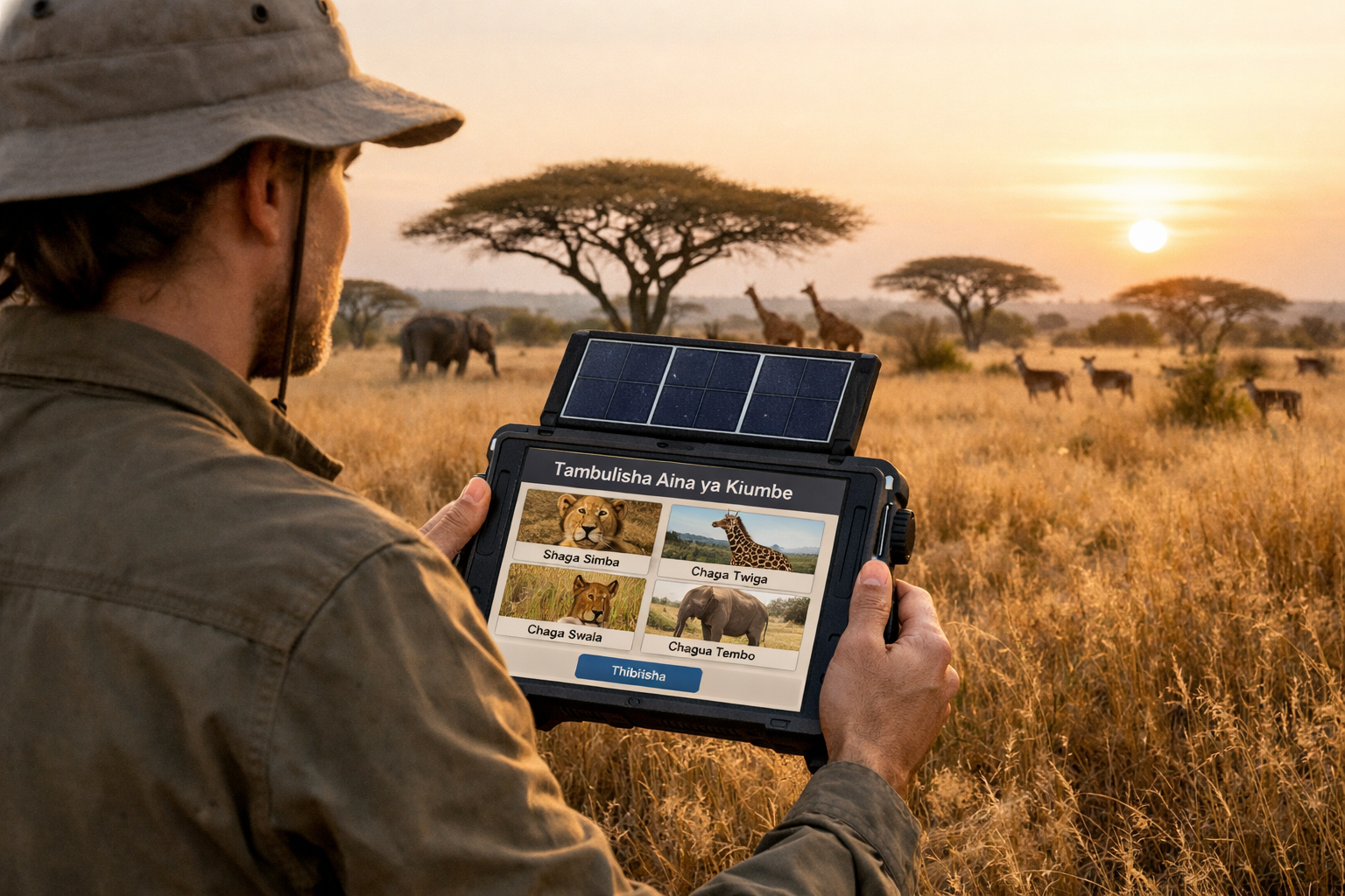 () photorealistic scene of biodiversity surveyor in remote African savanna using compact TinyML-powered survey device,