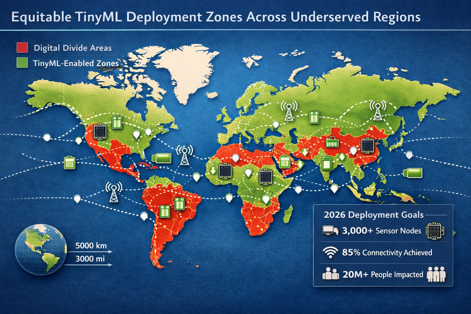 () world map infographic showing deployment zones for equitable TinyML survey systems across underserved regions.