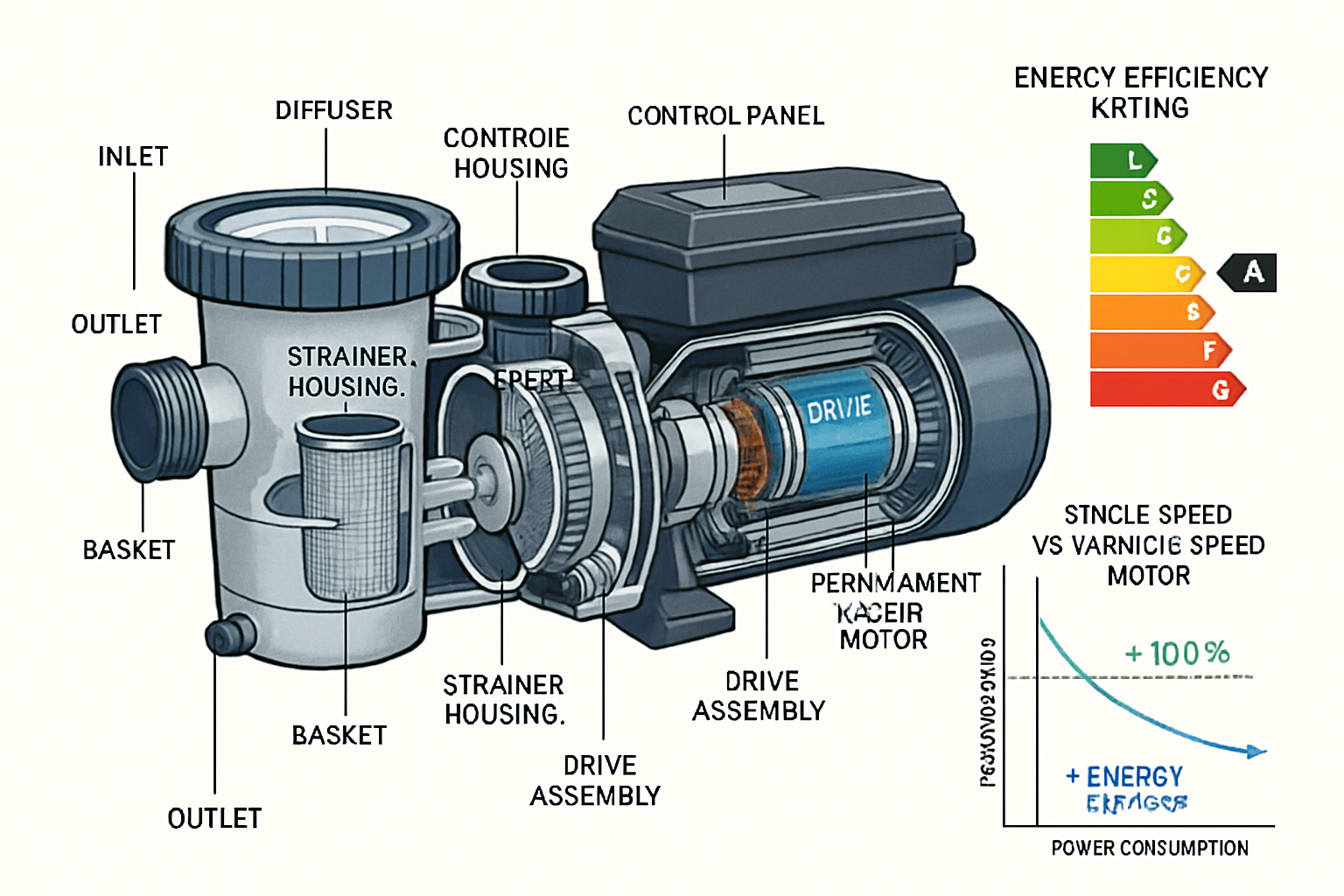 Modern variable speed pool pump cutaway diagram showing internal components, energy efficiency ratings, and comparison chart between single-