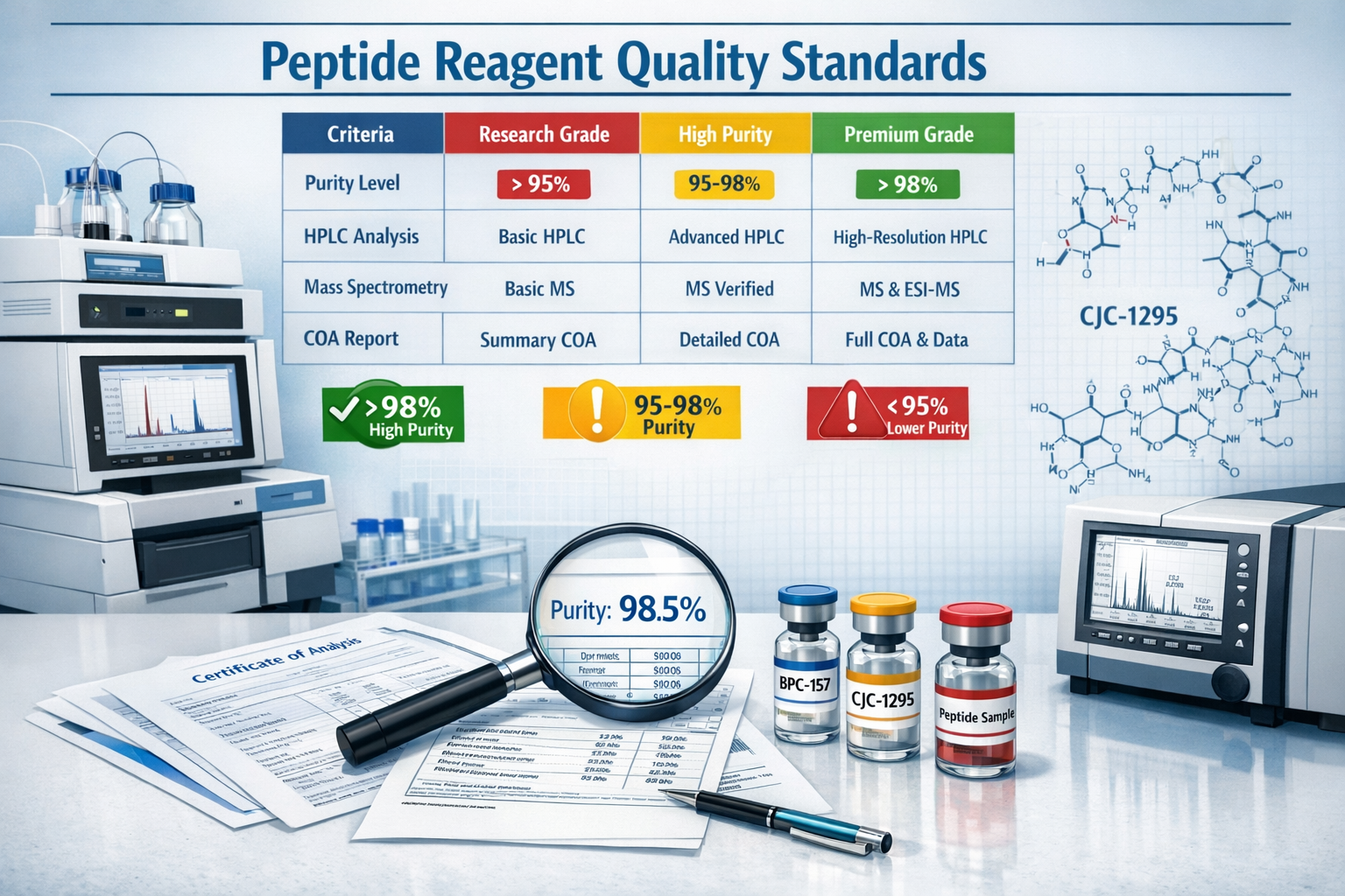 Detailed landscape format (1536x1024) image showing comprehensive comparison chart of peptide reagent quality standards with laboratory test