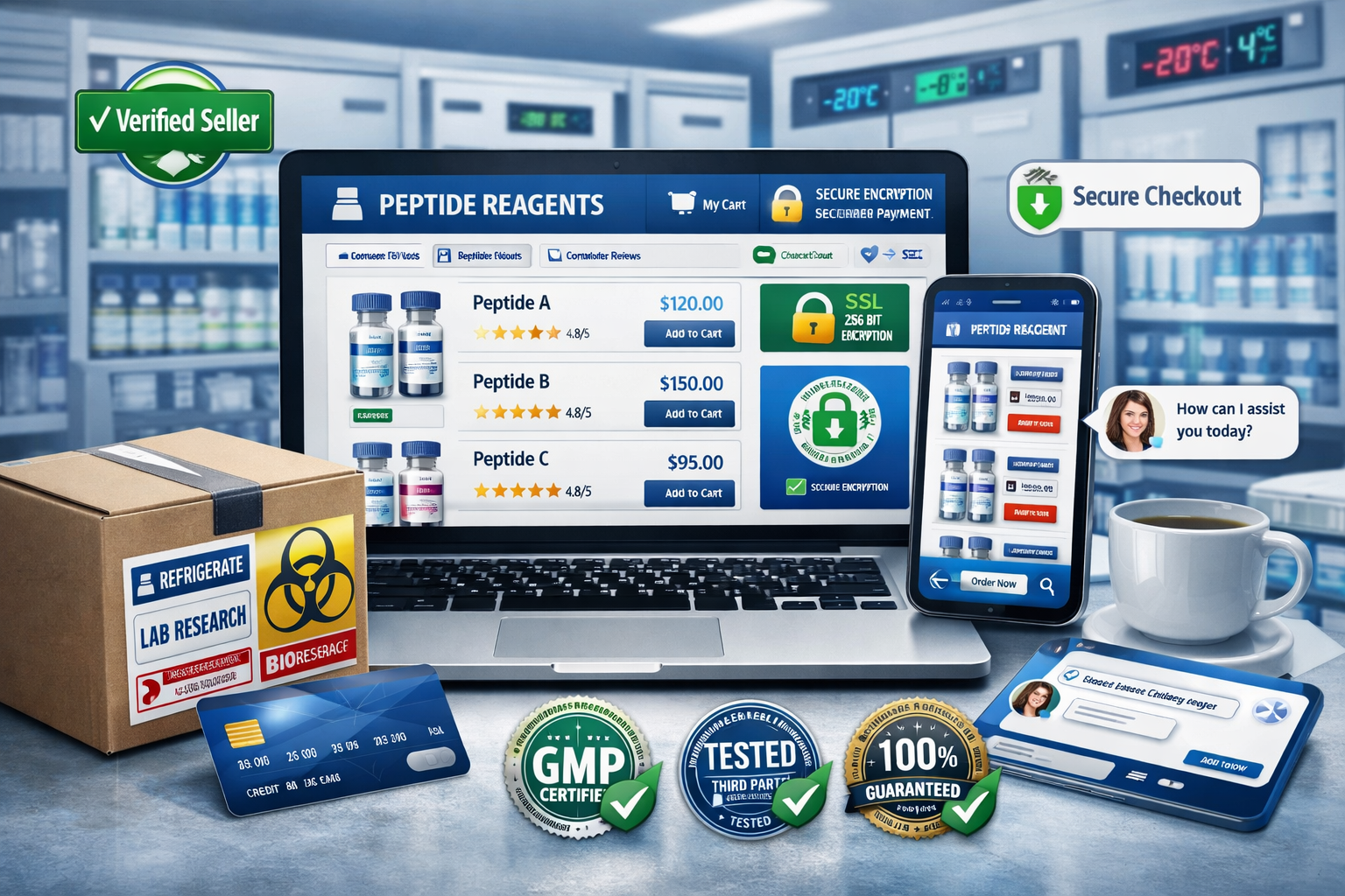 Detailed landscape format (1536x1024) image depicting secure online peptide ordering process with multiple visual layers. Central focus show