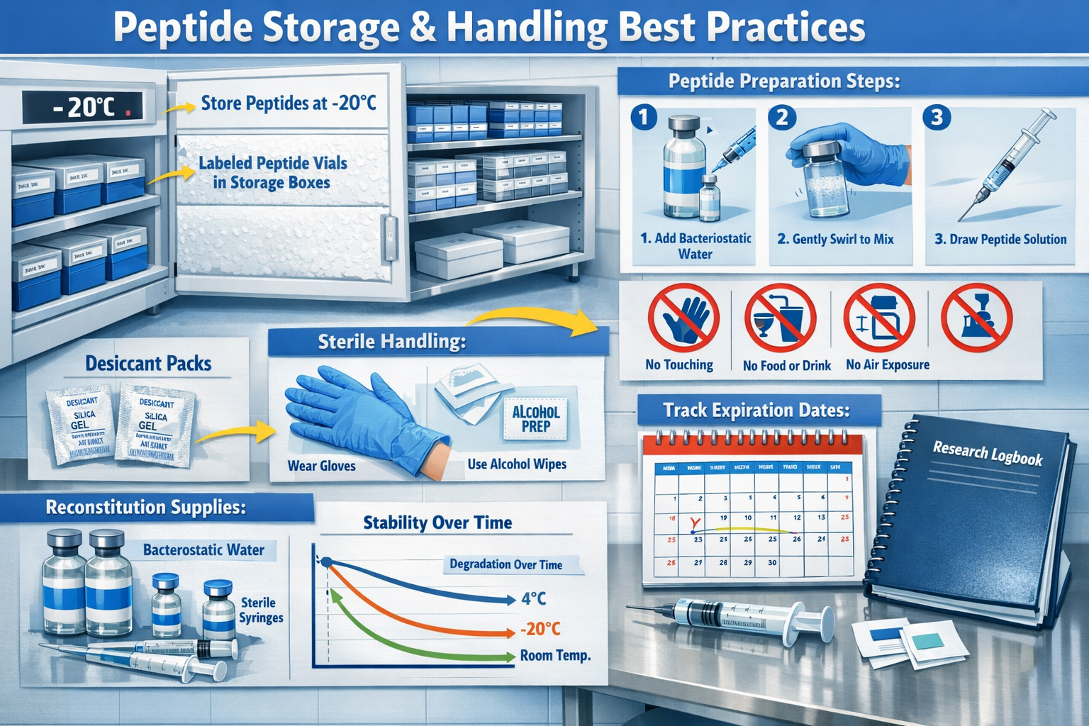 Detailed landscape format (1536x1024) image illustrating peptide storage and handling best practices with educational infographic elements. 