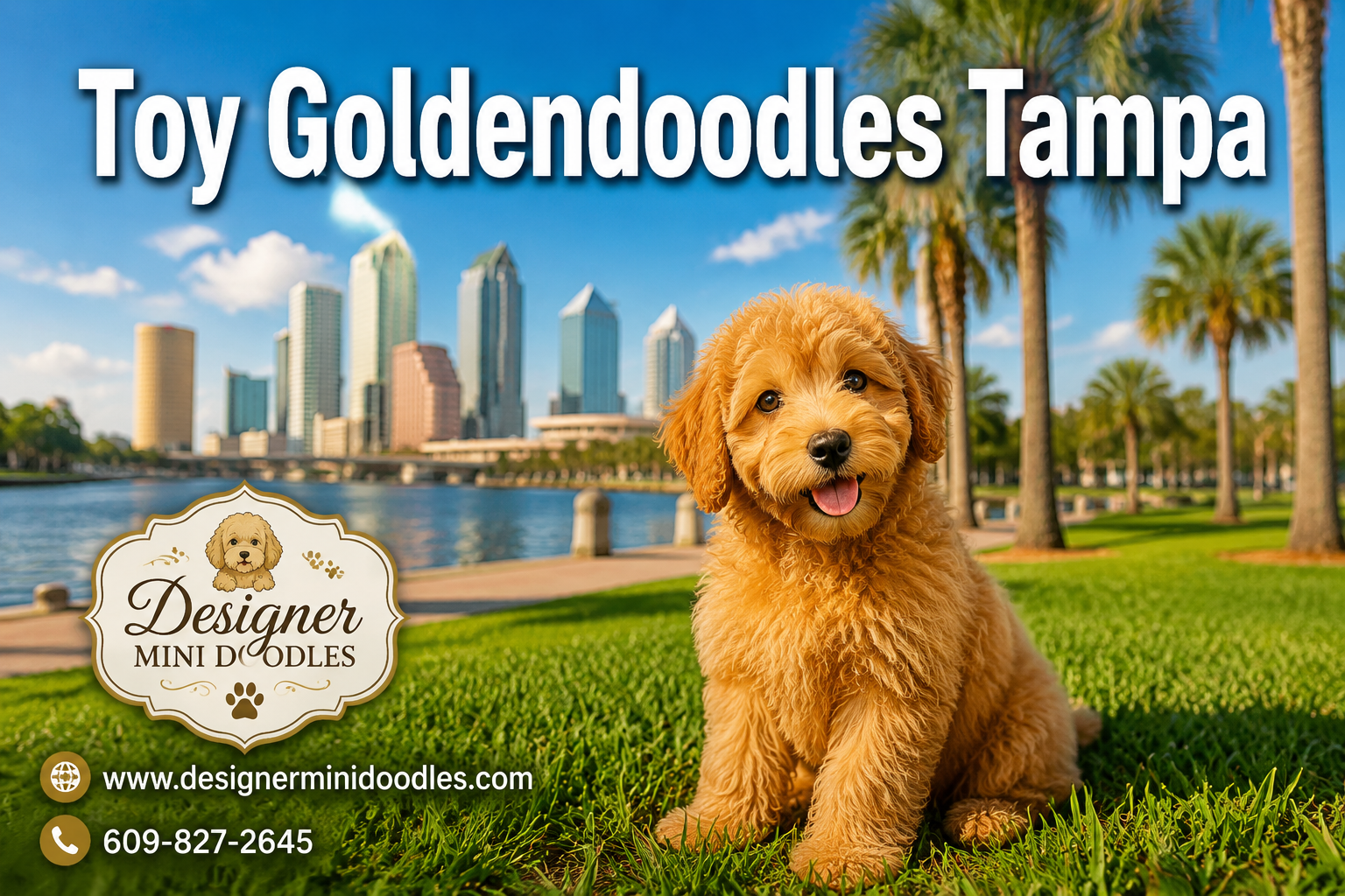 Professional () hero image featuring 'Toy Goldendoodles Tampa' in extra large white with dark effect, centered in upper