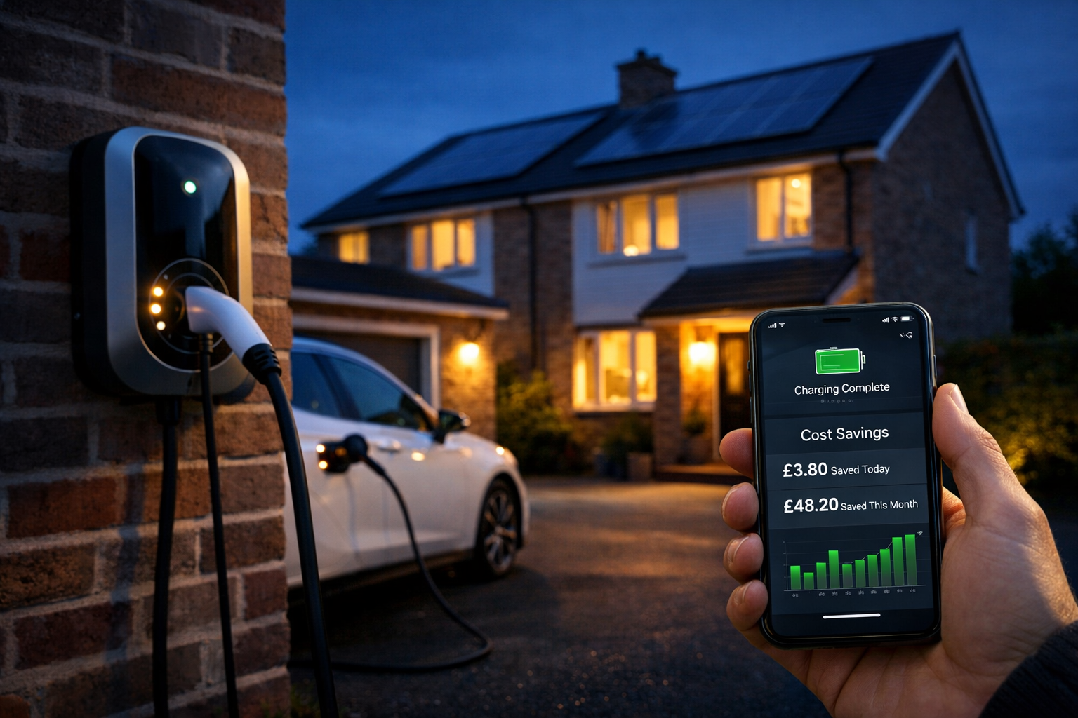Modern British house driveway at dusk with electric vehicle plugged into a wall-mounted EV charger, smartphone displaying charging app in foreground