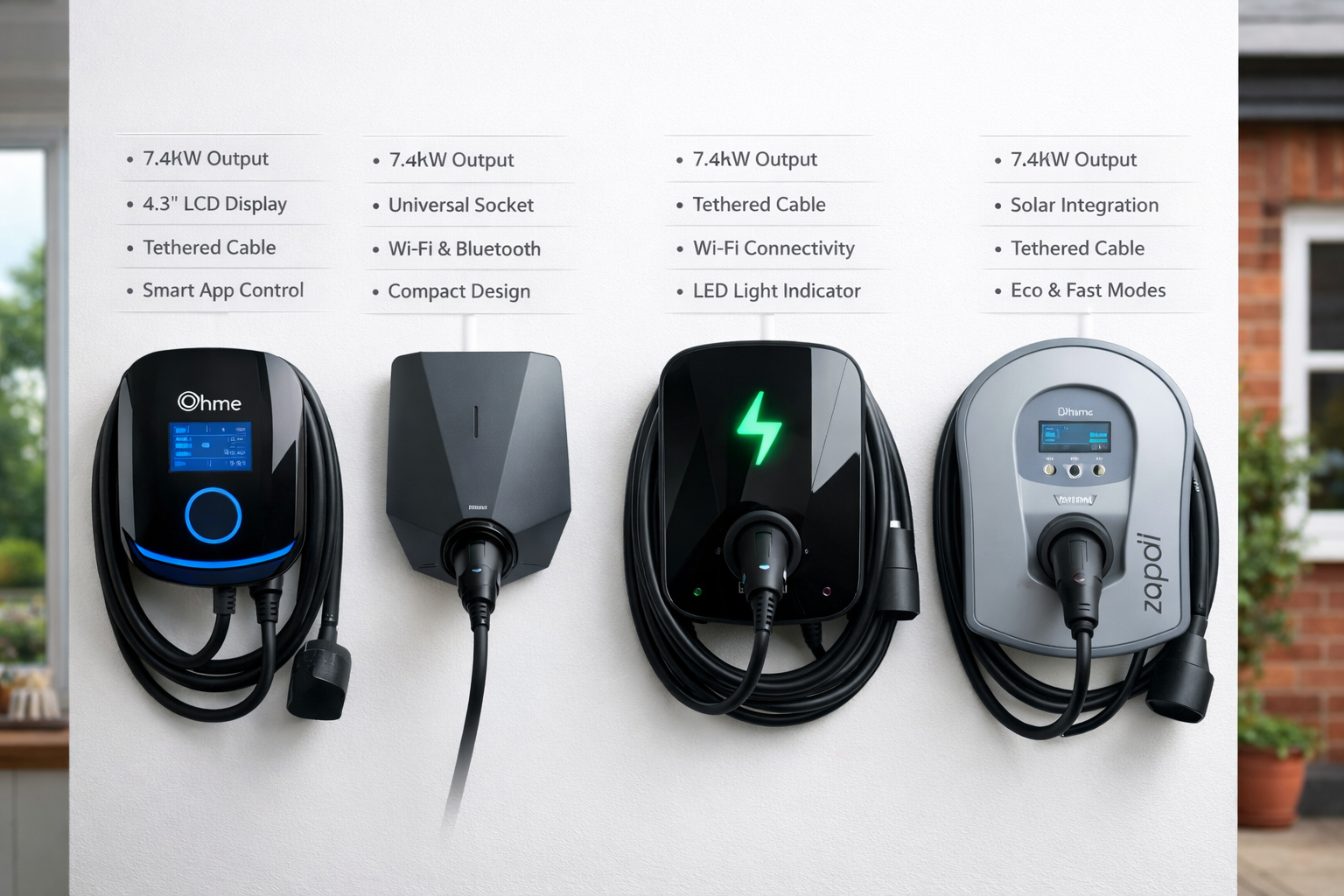 Four premium home EV chargers displayed on a wall, showing Ohme, Easee, Hypervolt, and Zappi units side by side