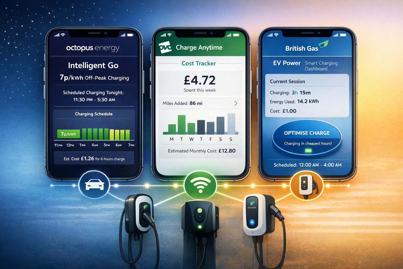 Smartphone screens showing Octopus Energy, OVO, and British Gas EV tariff apps side by side with charging schedules and cost tracking