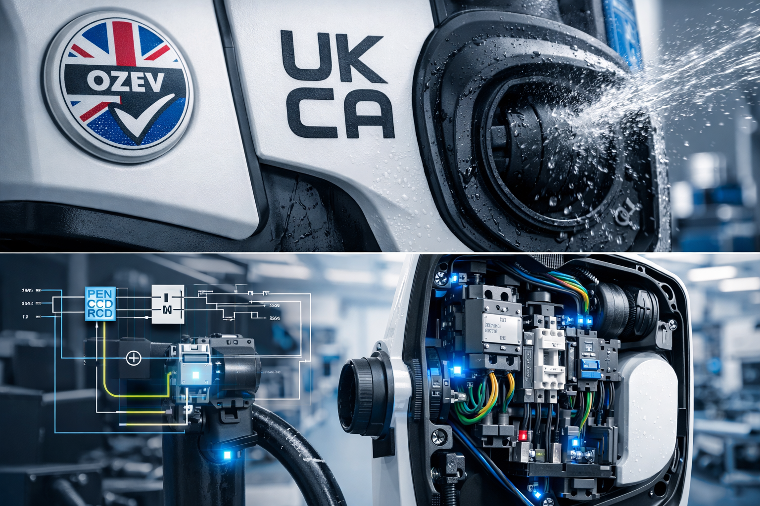 Close-up of EV charger safety certifications including OZEV approval badge, UKCA mark, and IP rating testing